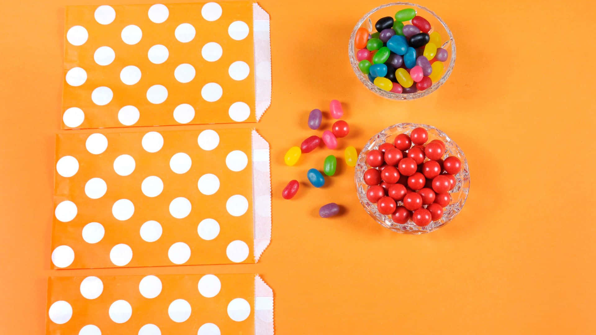 Trick Or Treat Bags, orange background, white polka dot bags, Full HD Desktop Wallpaper