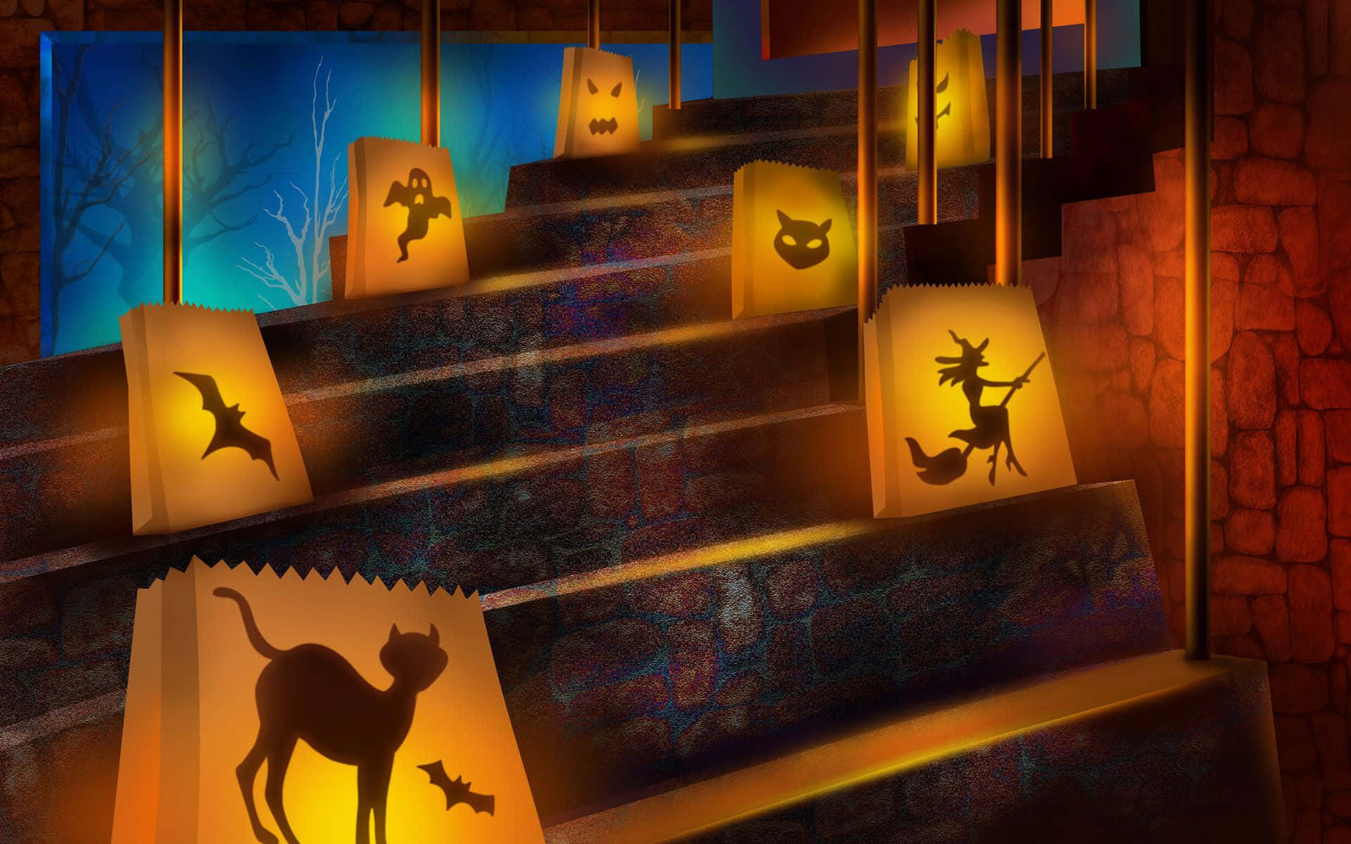 Trick Or Treat Bags, Halloween paper lanterns, spooky silhouettes, Full HD Desktop Wallpaper