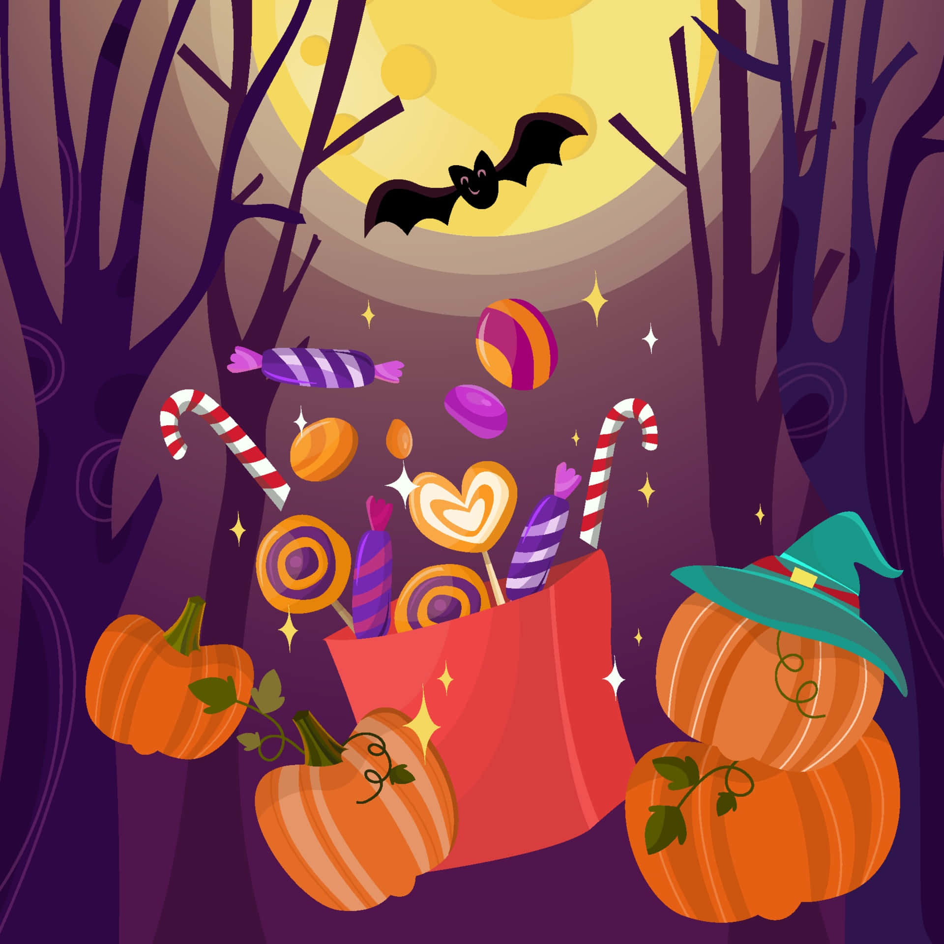 Trick Or Treat Bags, red trick-or-treat bag, colorful candies, Full HD Desktop Wallpaper