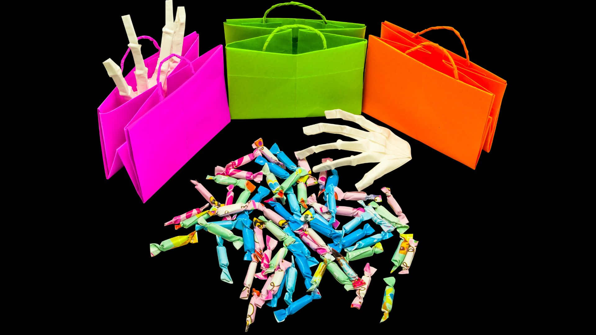 Trick Or Treat Bags, colorful paper bags, vibrant candy wrappers, Full HD Desktop Wallpaper