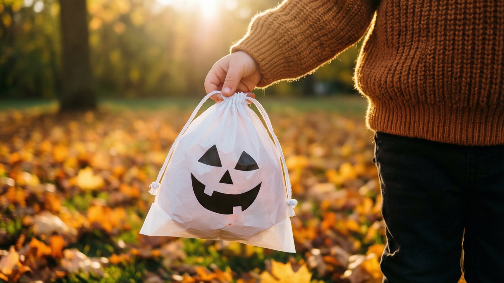 child, white treat bag, autumn leaves, Full HD Desktop Wallpaper