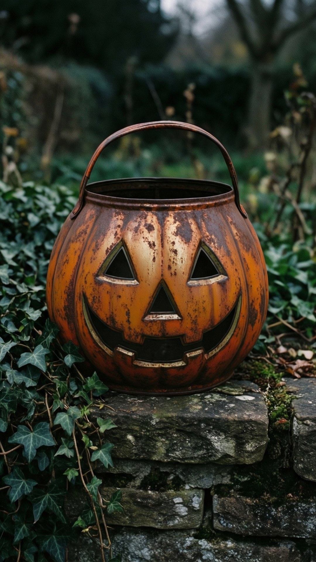 vintage jack o lantern bag, rusted tin pumpkin bag, stone wall, Full HD Phone Wallpaper
