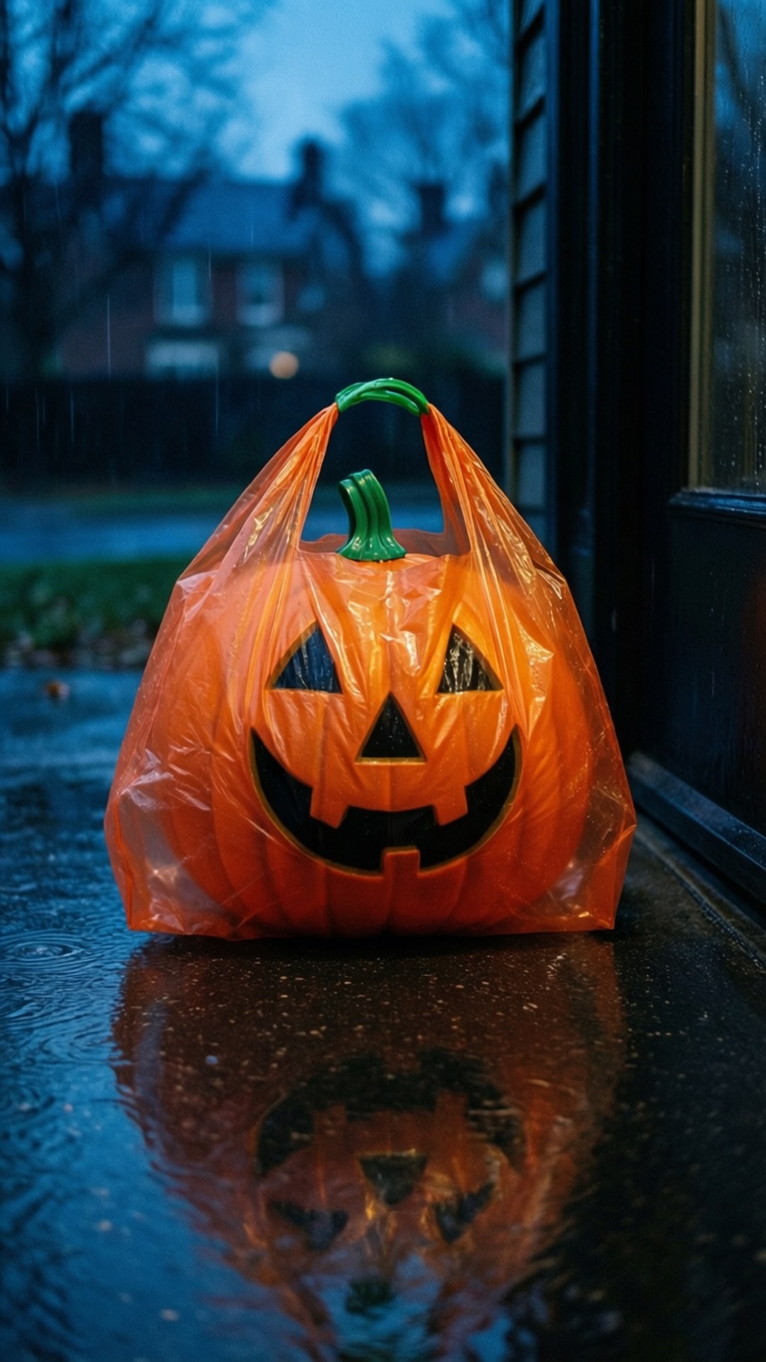 rainy doorstep, pumpkin-shaped trick-or-treat bag, wet doorstep, Full HD Phone Wallpaper
