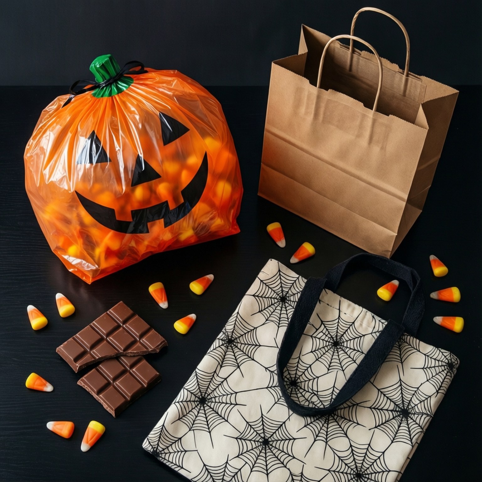 flat lay, trick-or-treat bags, candies, HD Desktop Wallpaper