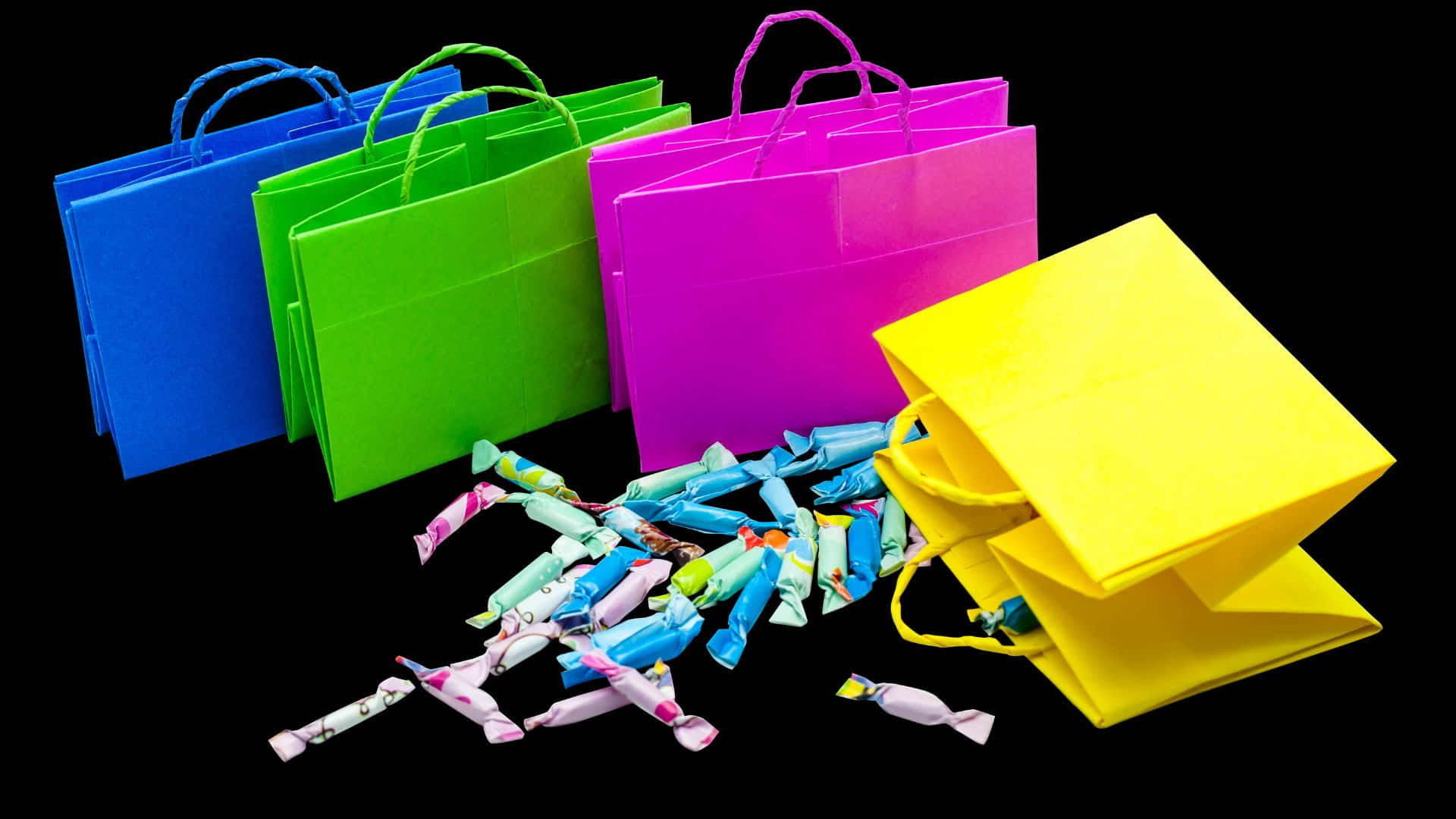 Trick Or Treat Bags, vibrant colorful shopping bags, scattered candy wrappers, Full HD Desktop Wallpaper