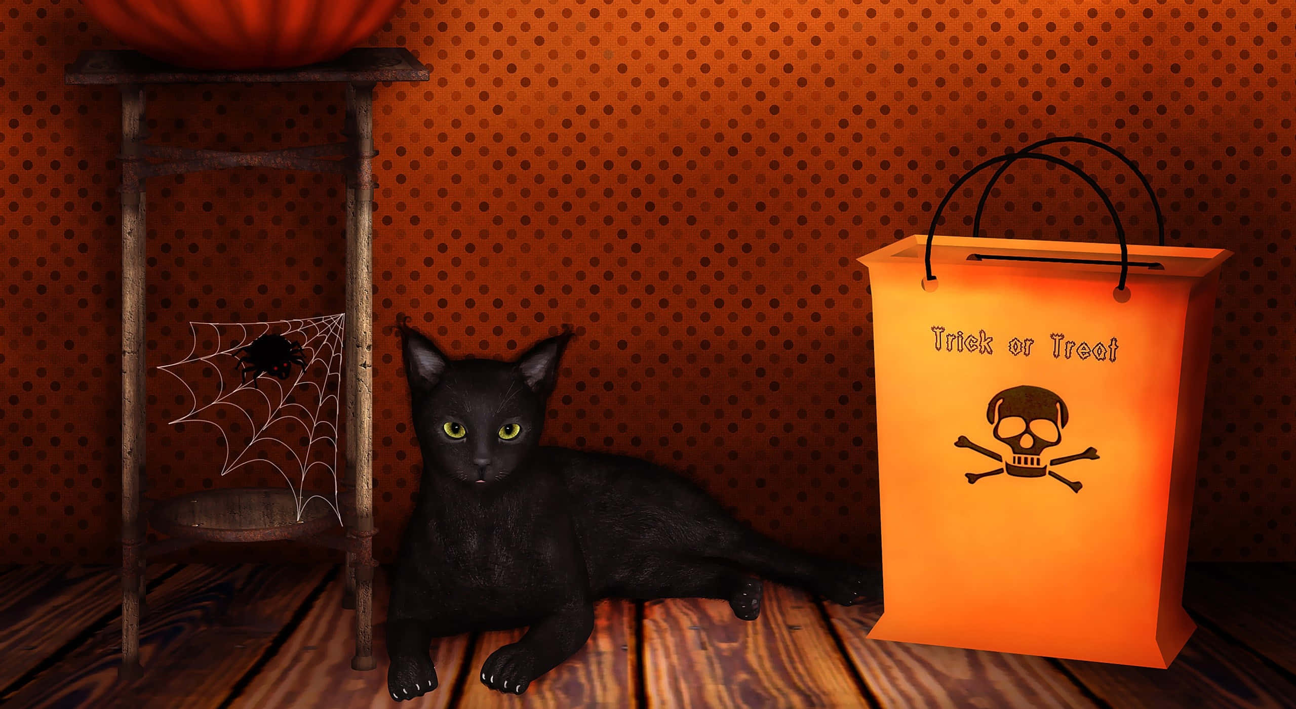 Trick or Treat Bag, black cat, glowing green eyes, Full HD Desktop Wallpaper