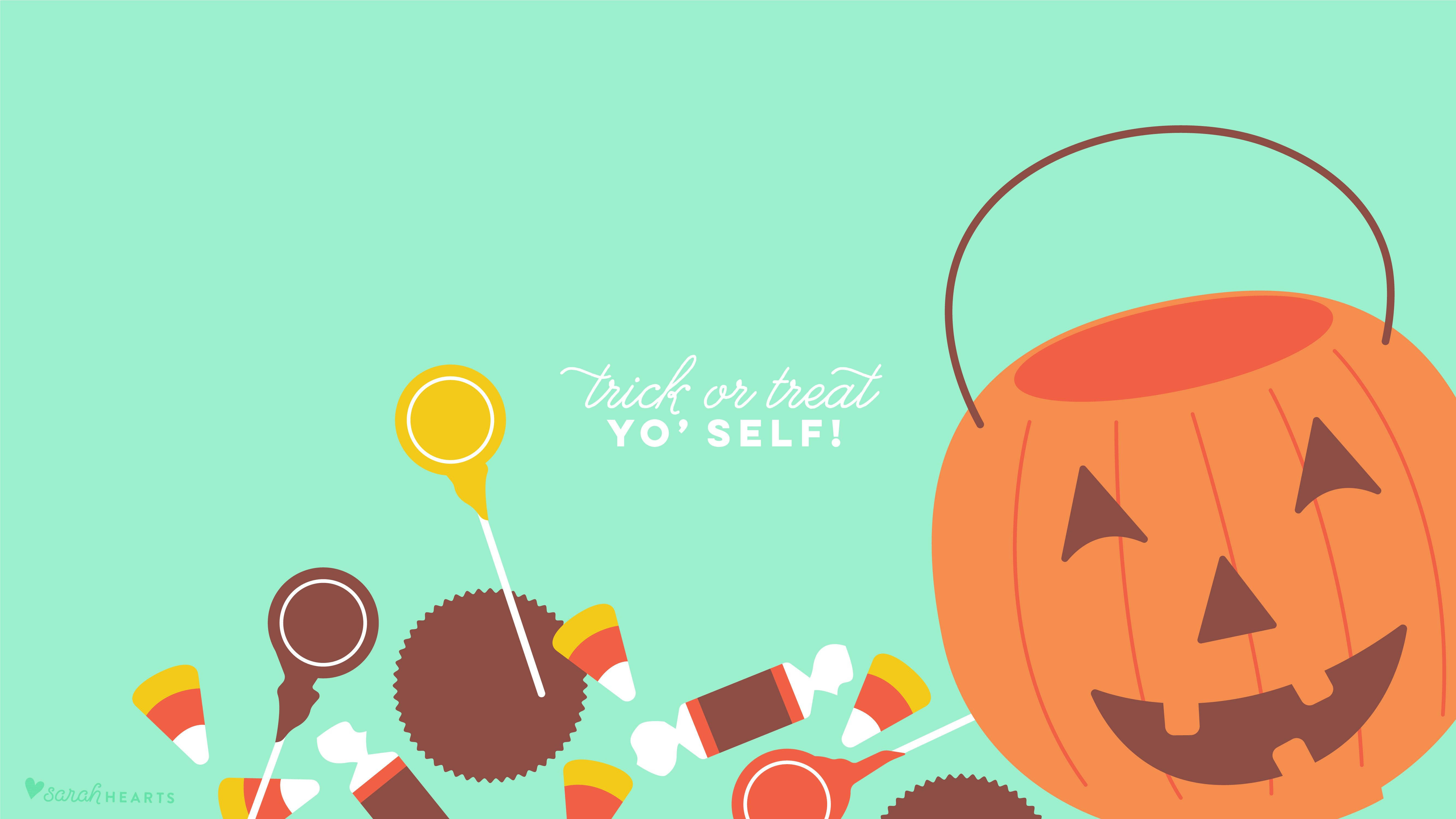 Trick Or Treat Yo Self, jack-o-lantern candy bucket, assorted sweets, 5K Desktop Wallpaper