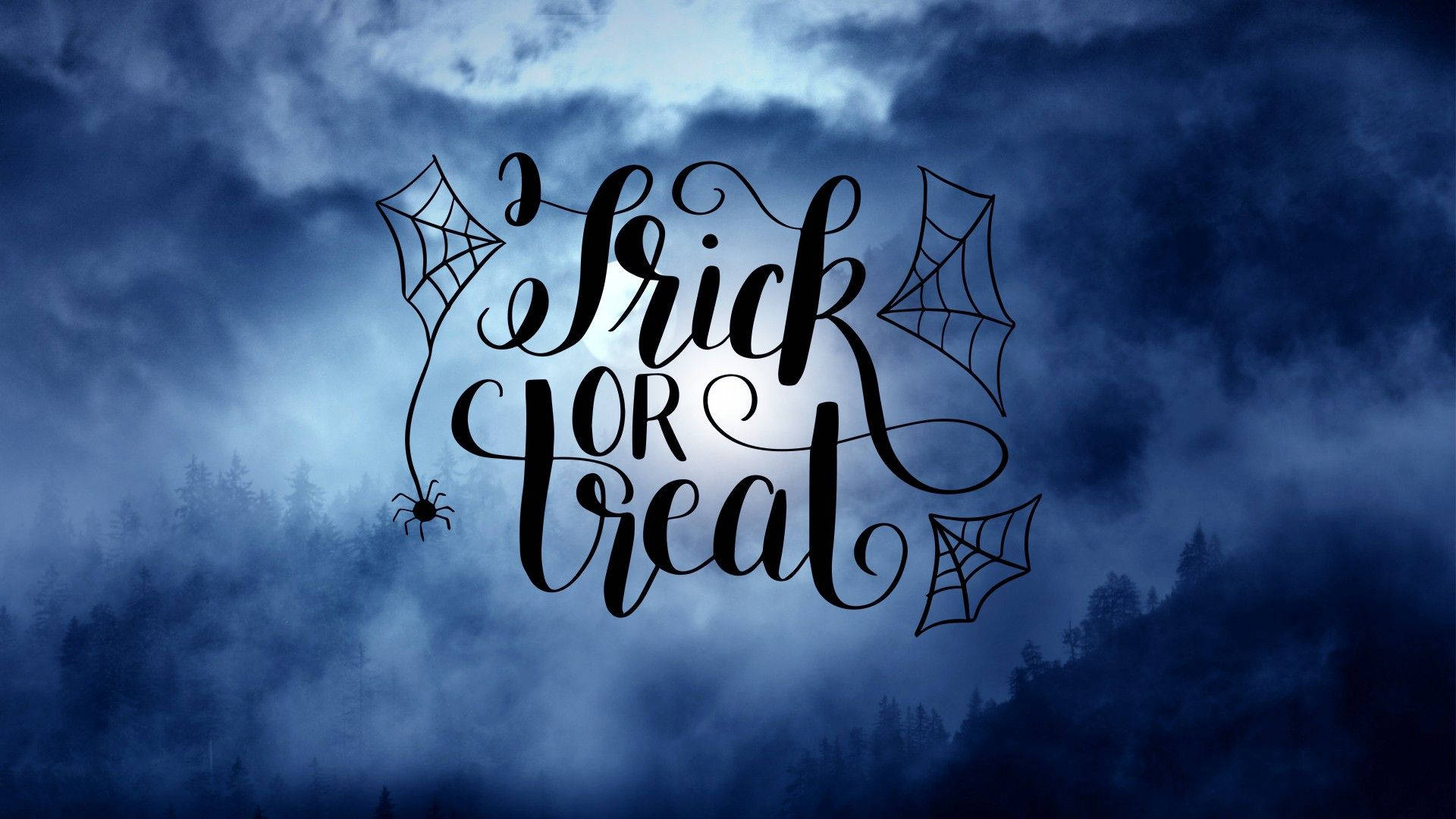 Trick or Treat, cloudy background, eerie blue misty forest, Full HD Desktop Wallpaper