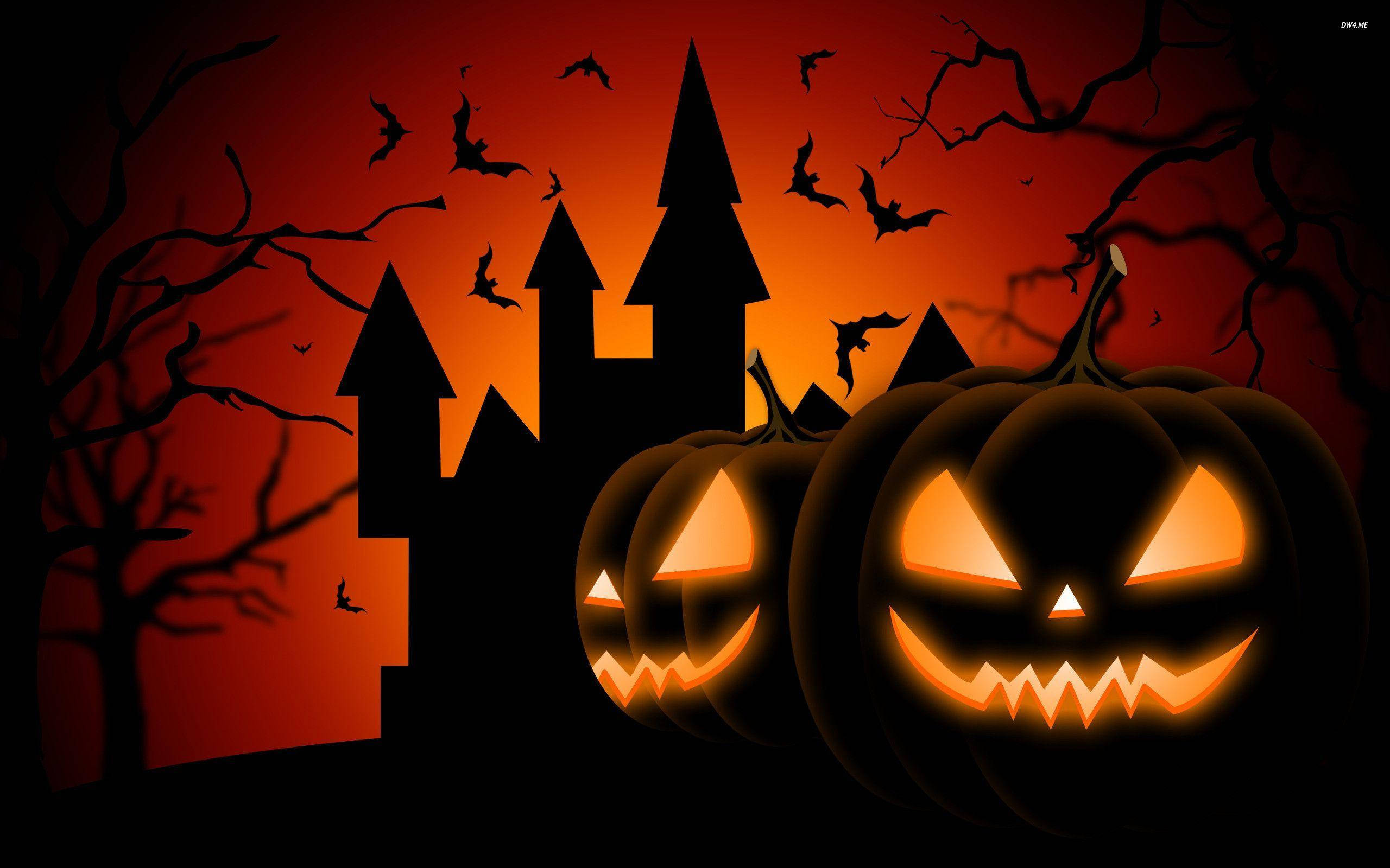 Trick Or Treat, castle, jack-o-lanterns, 2K Desktop Wallpaper
