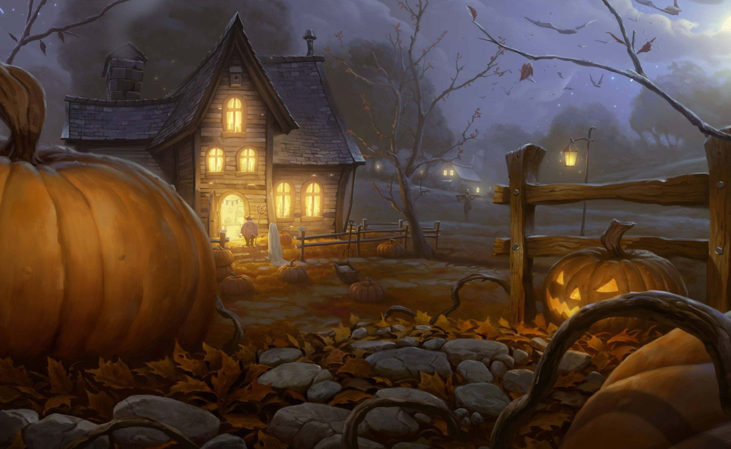 Trick Or Treat, pumpkins, scary house, 2K Desktop Wallpaper