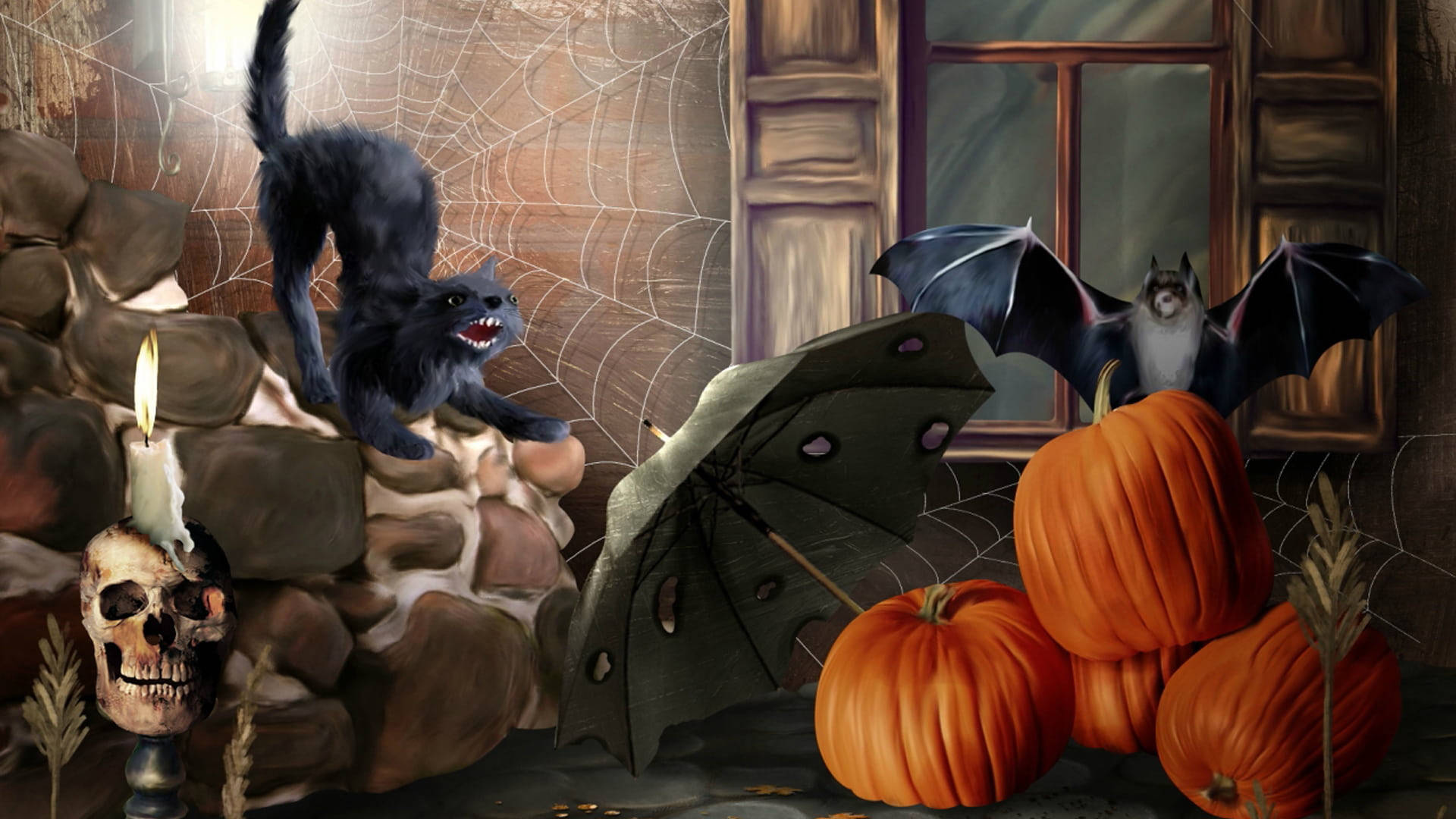 Trick Or Treat, skull candle, black cat, Full HD Desktop Wallpaper