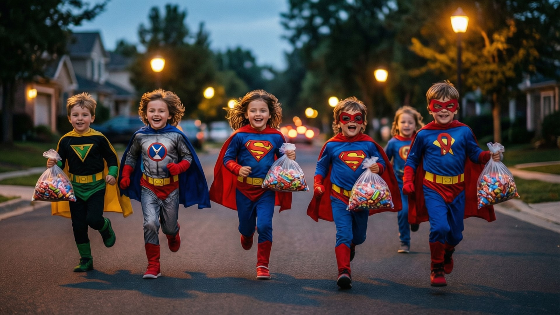 superhero costumes, suburban street, dusk, Full HD Desktop Wallpaper