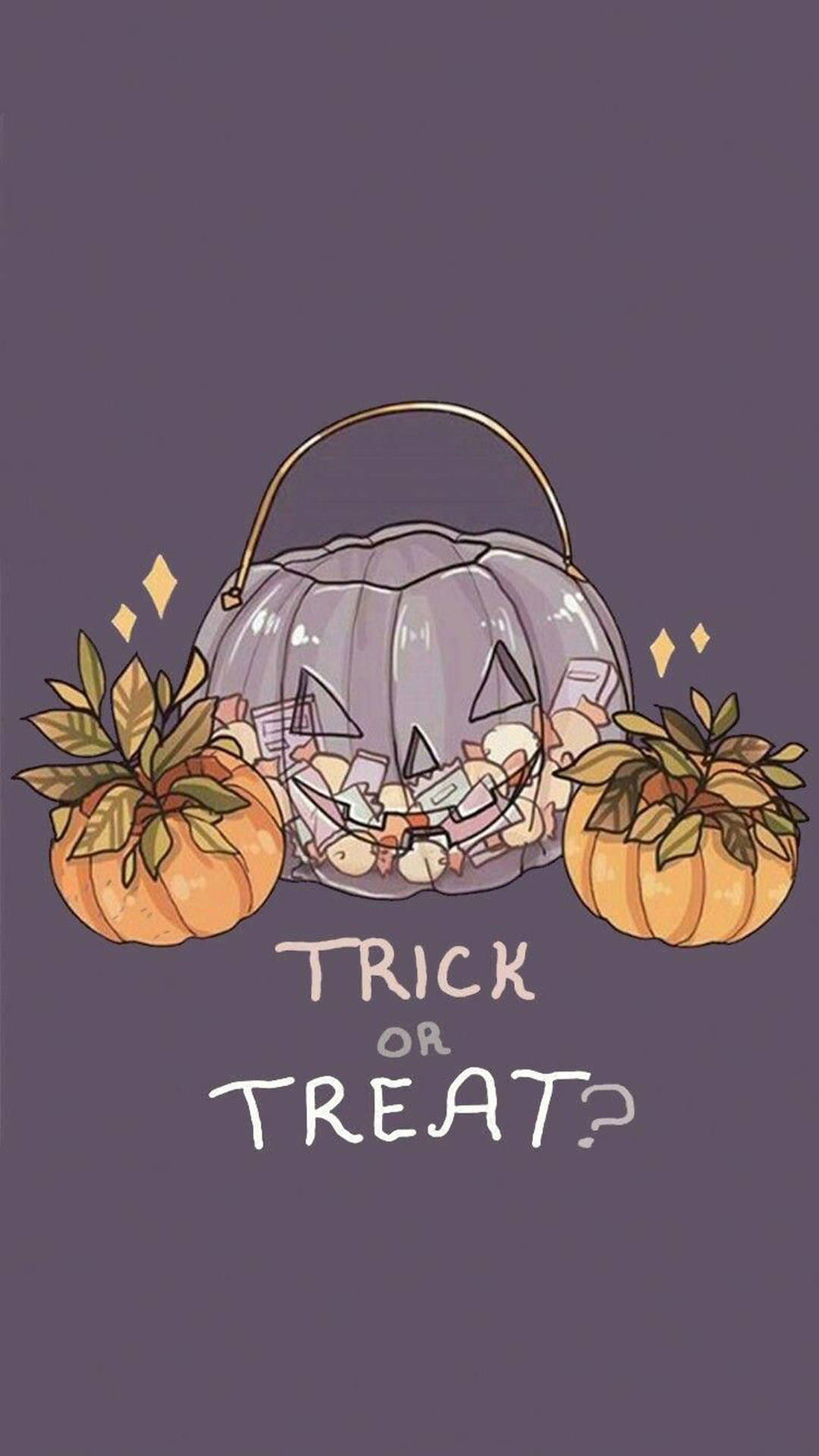gray trick or treat cute halloween iphone, purple jack-o-lantern candy bucket, two small pumpkins with leaves, Full HD Phone Wallpaper