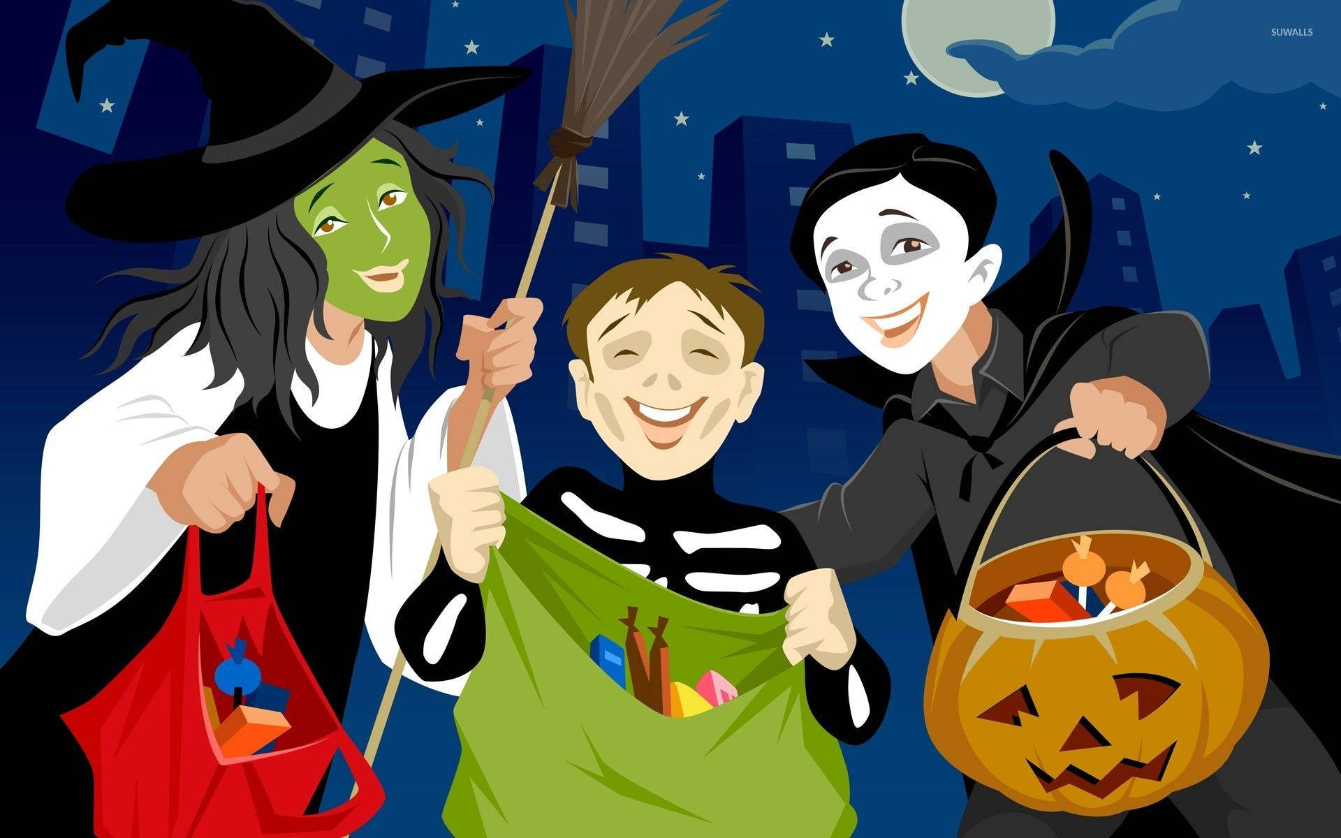 Trick Or Treat, Halloween costumes, candy bags, Full HD Desktop Wallpaper