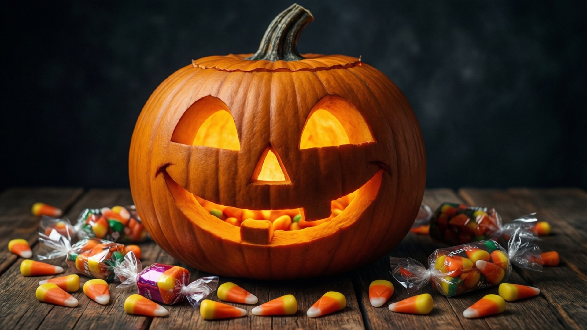 glowing jack-o'-lantern, wide grin, rustic wooden table, Full HD Desktop Wallpaper