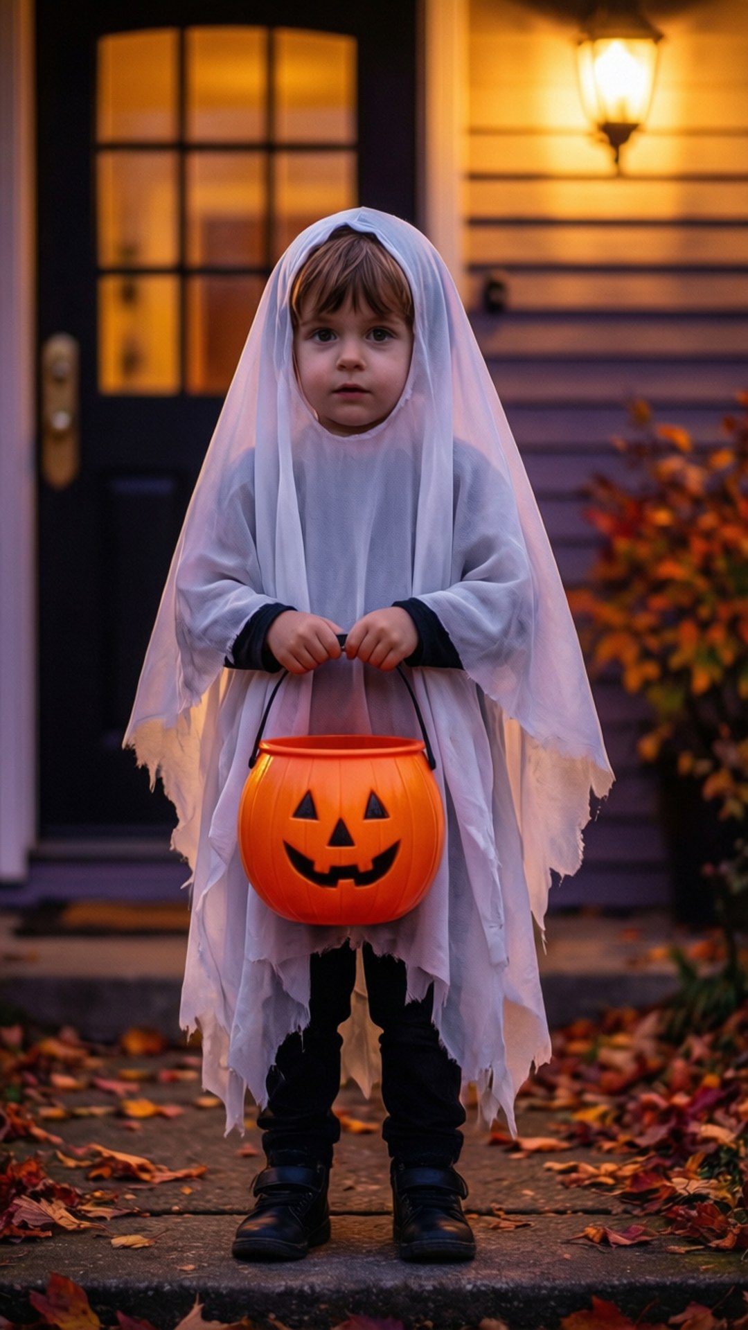ghost child, porch, autumn leaves, Full HD Phone Wallpaper