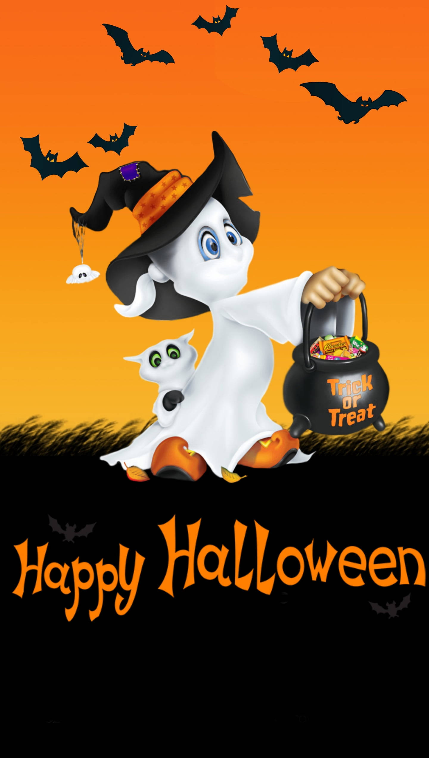 Trick Or Treat, cartoon ghost witch, black hat, Full HD Phone Wallpaper