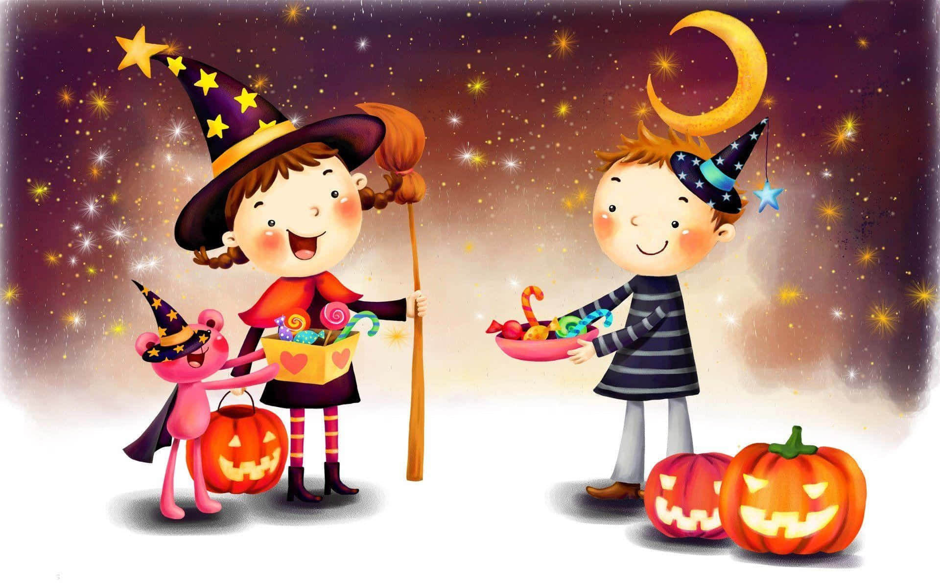 Trick-or-treaters, witch hats, crescent moon, Full HD Desktop Wallpaper
