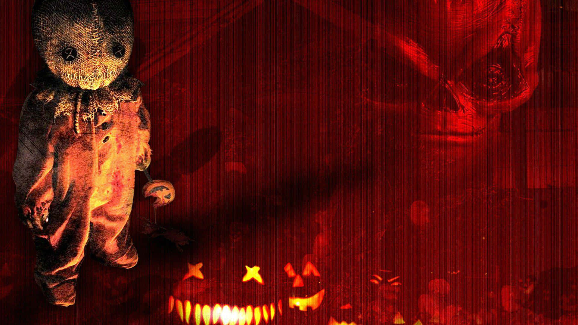 Trick-or-treaters, glowing jack-o-lanterns, blood-red textured background, Full HD Desktop Wallpaper