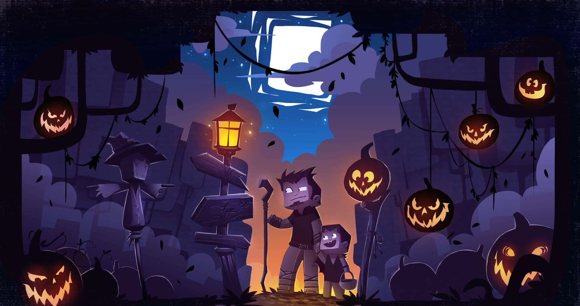 Trick-or-treaters, cartoon kids, glowing jack-o-lanterns, Full HD Desktop Wallpaper