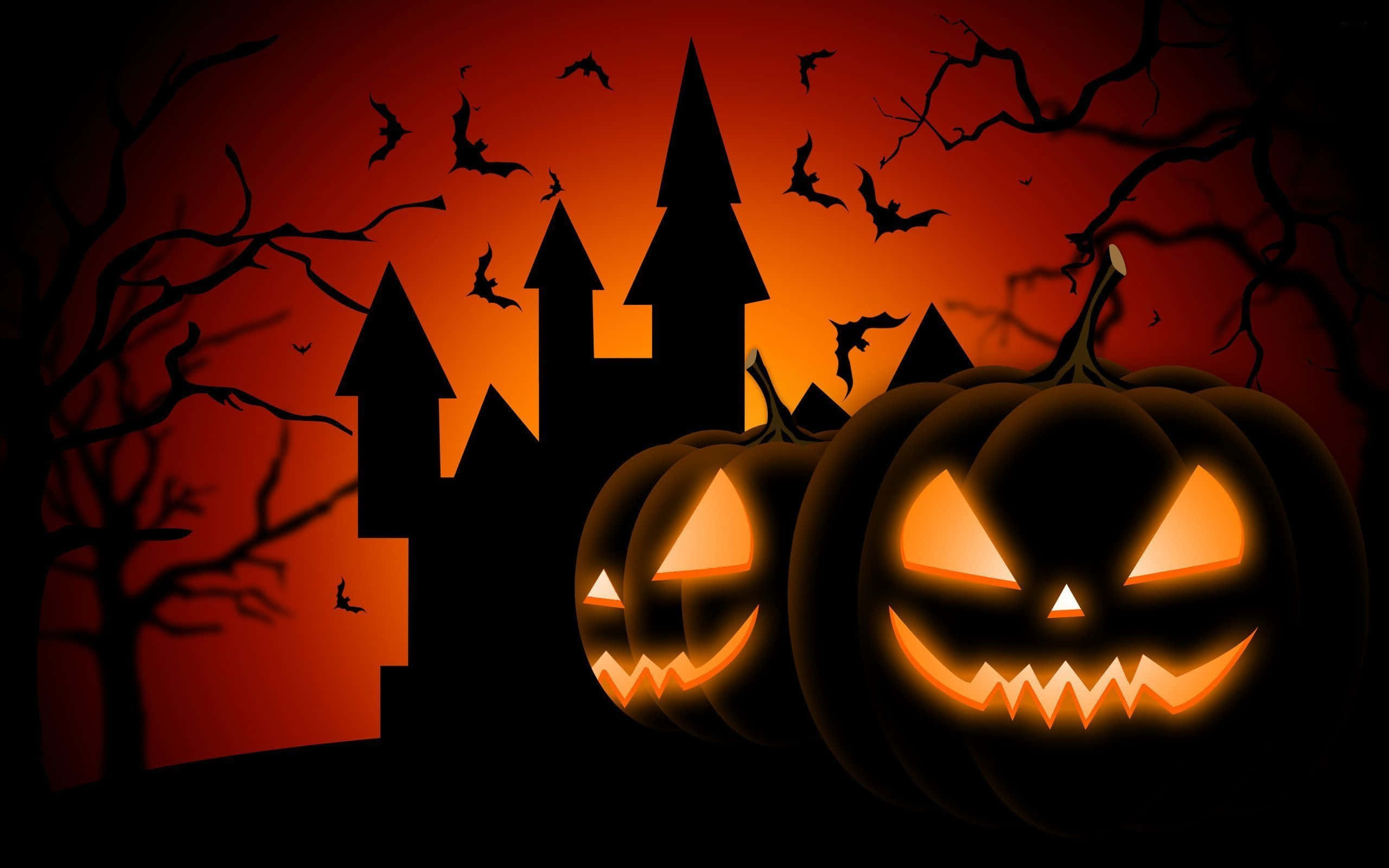Trick r treat, jack-o'-lanterns, haunted castle silhouette, 2K Desktop Wallpaper