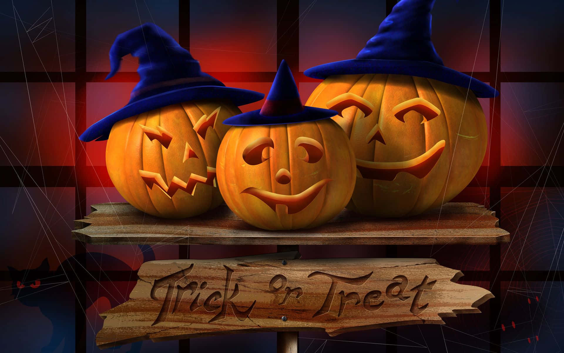 Trick or Treat, jack-o'-lanterns, blue witch hats, Full HD Desktop Wallpaper