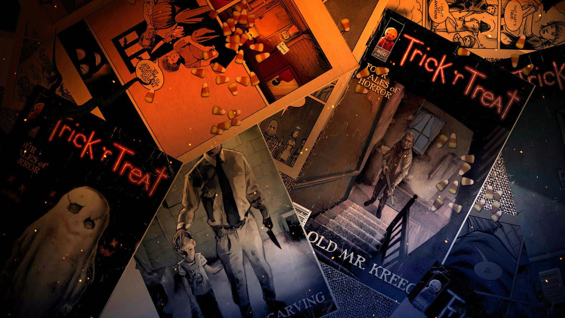 Trick r Treat, candy corn, horror comic book covers, Full HD Desktop Wallpaper