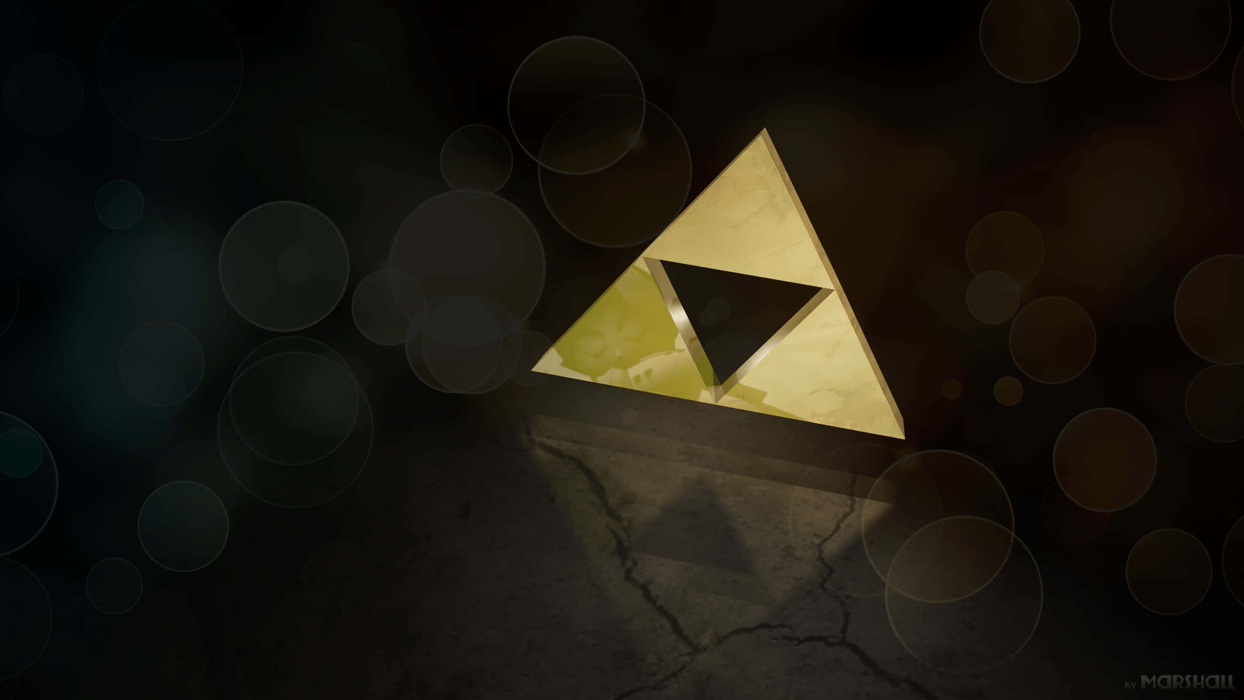 Triforce, glowing golden, cracked stone floor, 2K Desktop Wallpaper