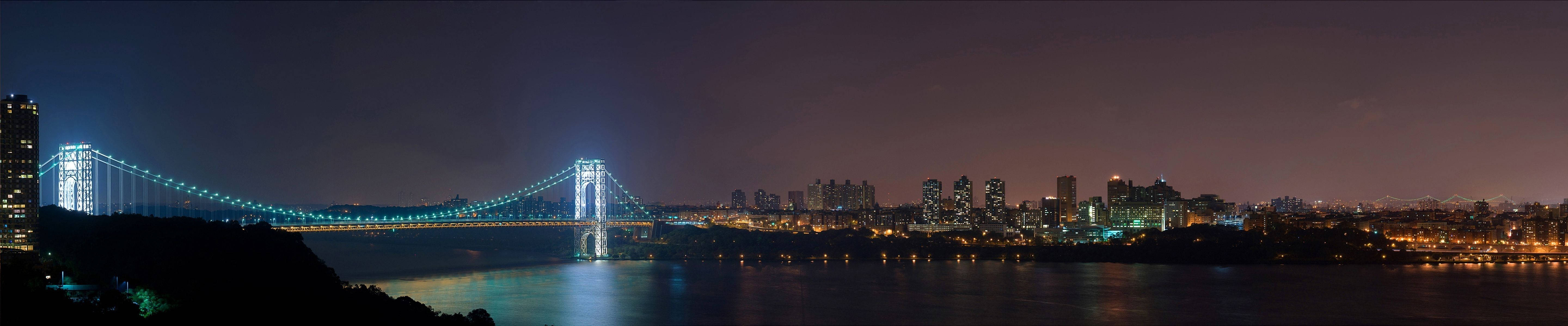 Triple Monitor Buildings, suspension bridge, dark river, 5K Desktop Wallpaper