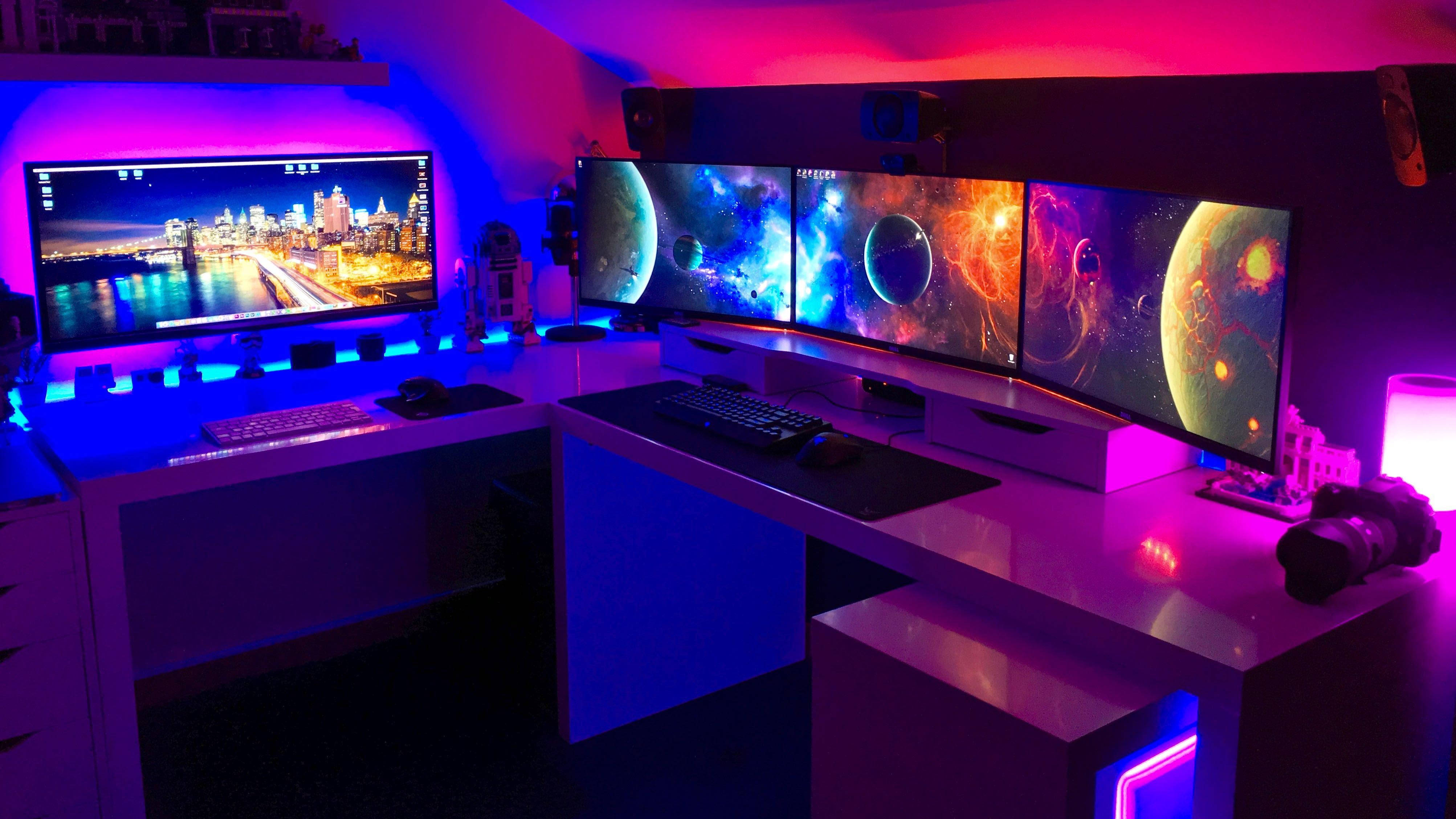 Gaming Room Galaxy Triple Desktop, cosmic scenes, vibrant purple, 4K Desktop Wallpaper