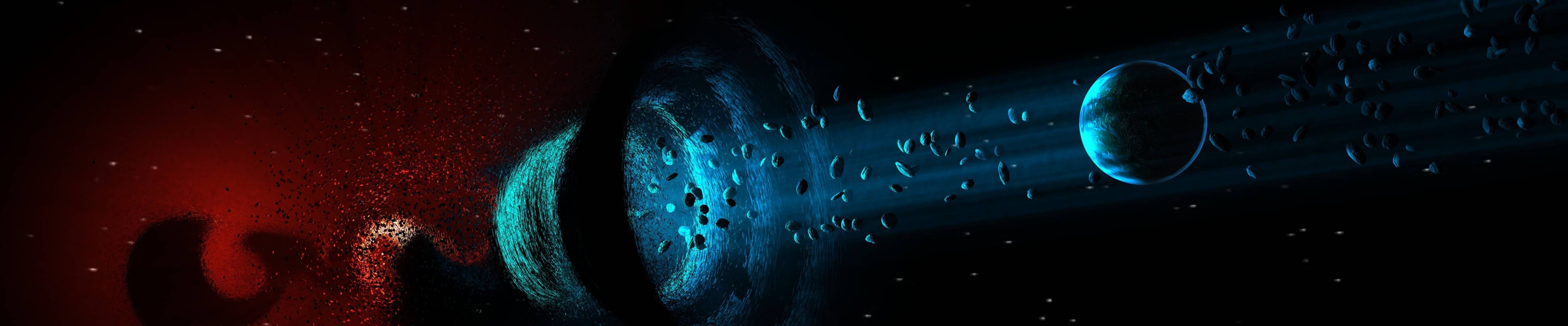 triple monitor setup, blue planet, red nebulae, 5K Desktop Wallpaper