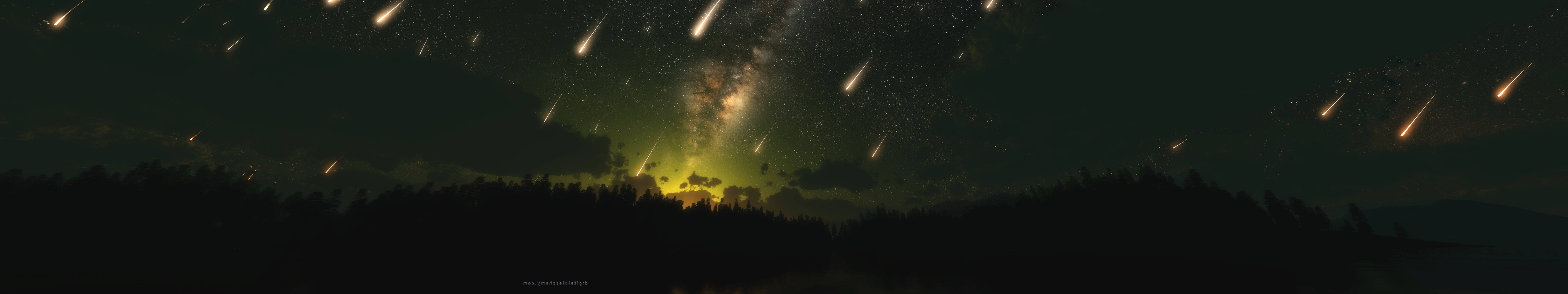 Triple Monitor, sky, streaking meteors, 5K Desktop Wallpaper