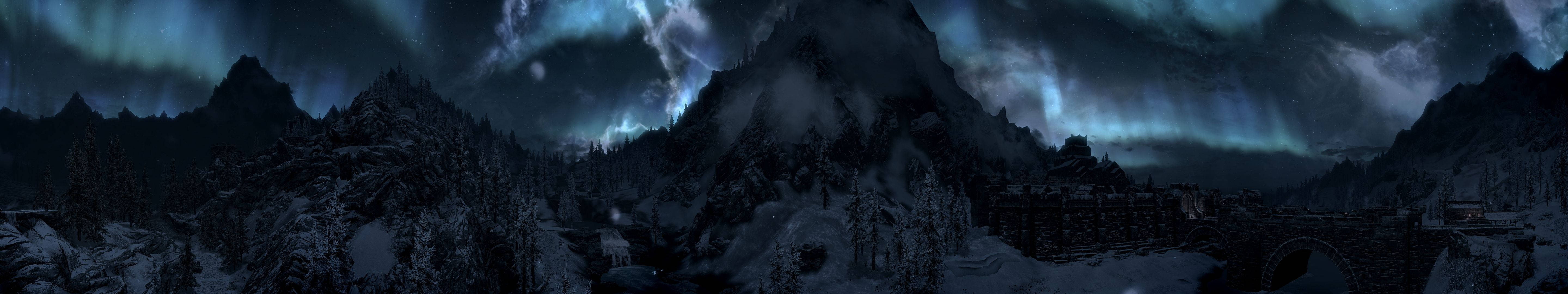 Triple Monitor Dark, snow-covered mountain village, dark sky, 5K Desktop Wallpaper