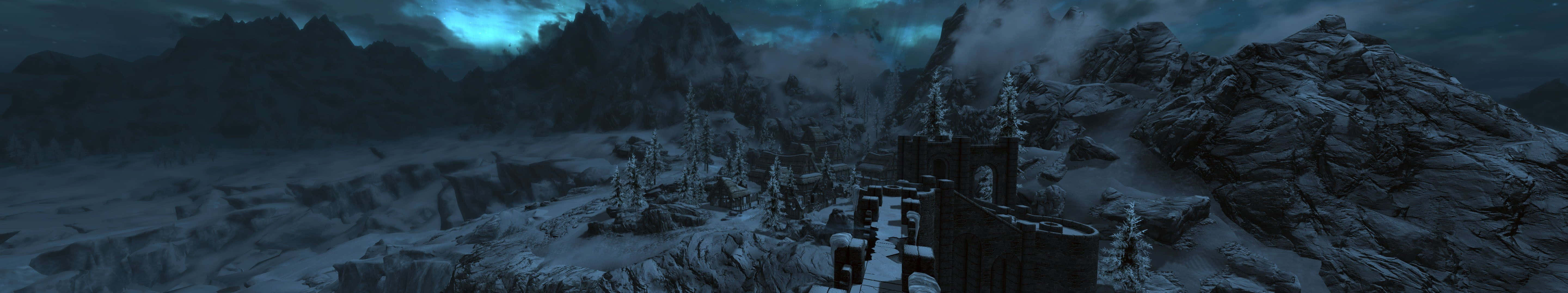 dark triple monitor setup, snow-covered fortress, jagged mountain ridge, 5K Desktop Wallpaper