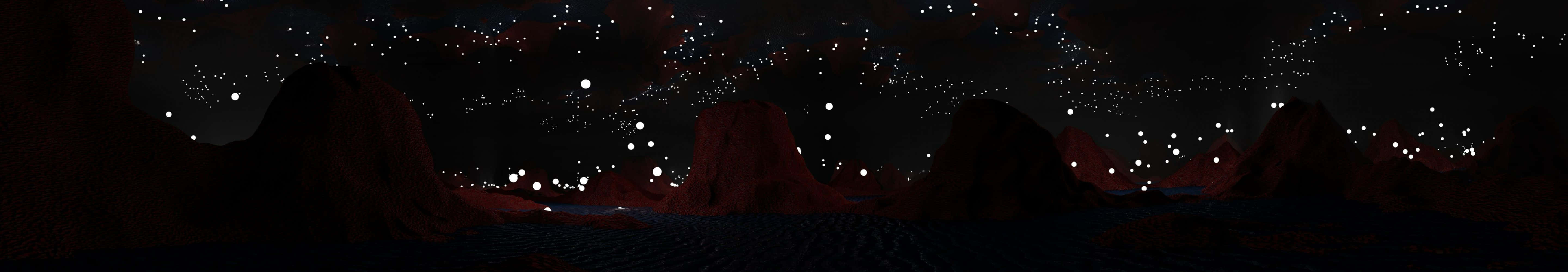 dark red rocky terrain, starry night sky, glowing white lights, 5K Desktop Wallpaper