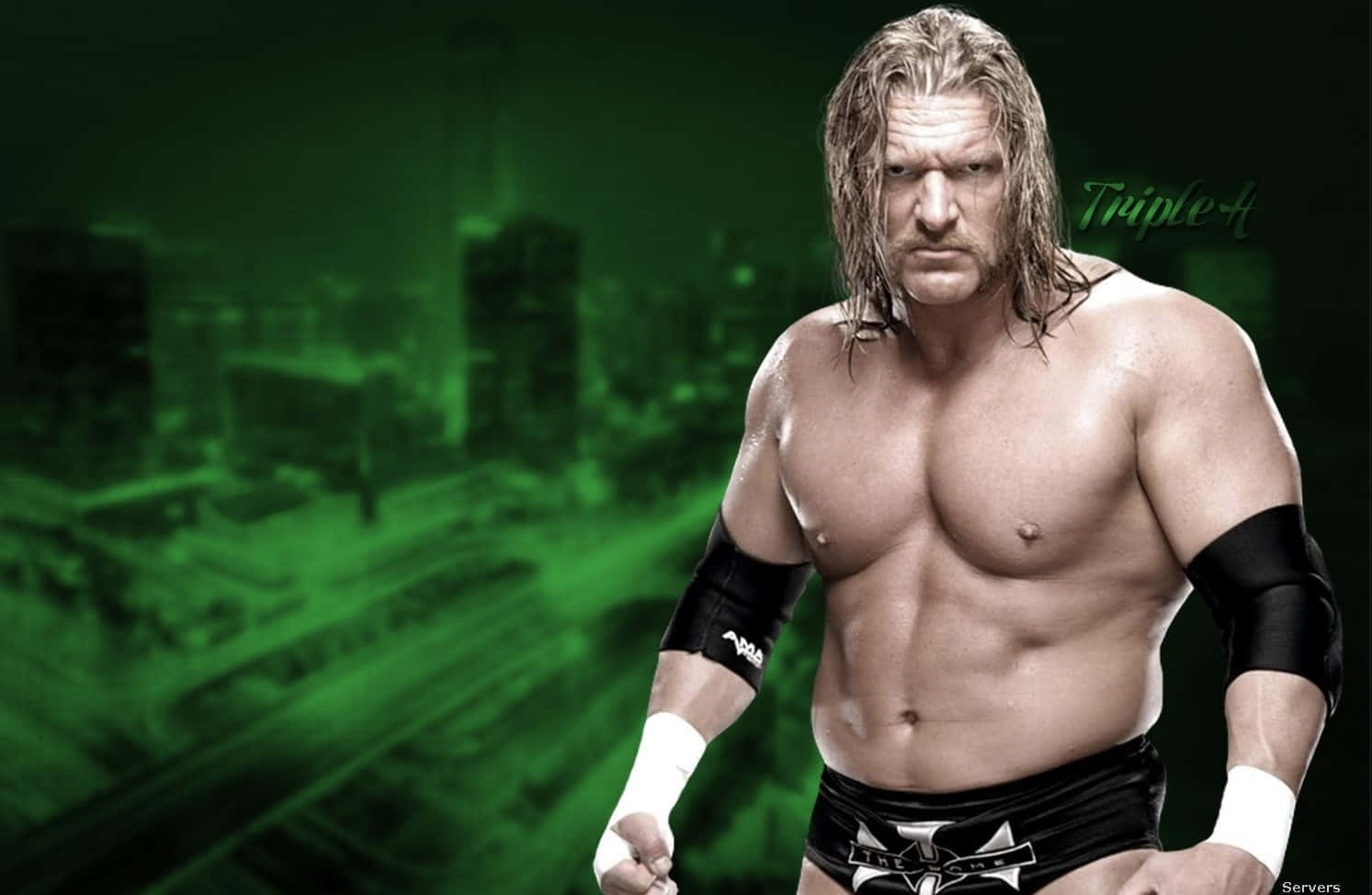 Triple H, muscular physique, green-tinted cityscape, HD Desktop Wallpaper