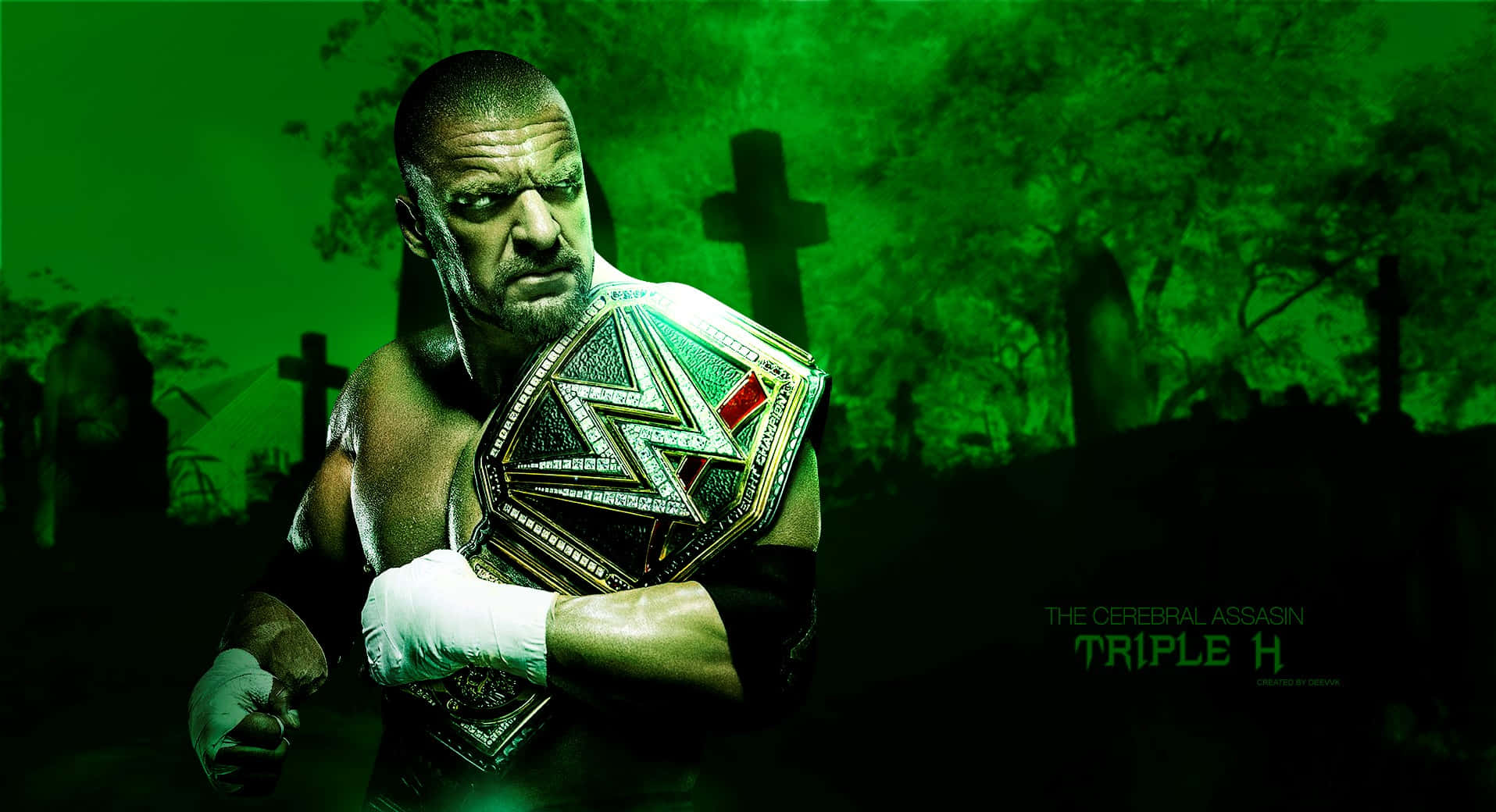 Triple H, green-hued cemetery, championship belt, HD Desktop Wallpaper