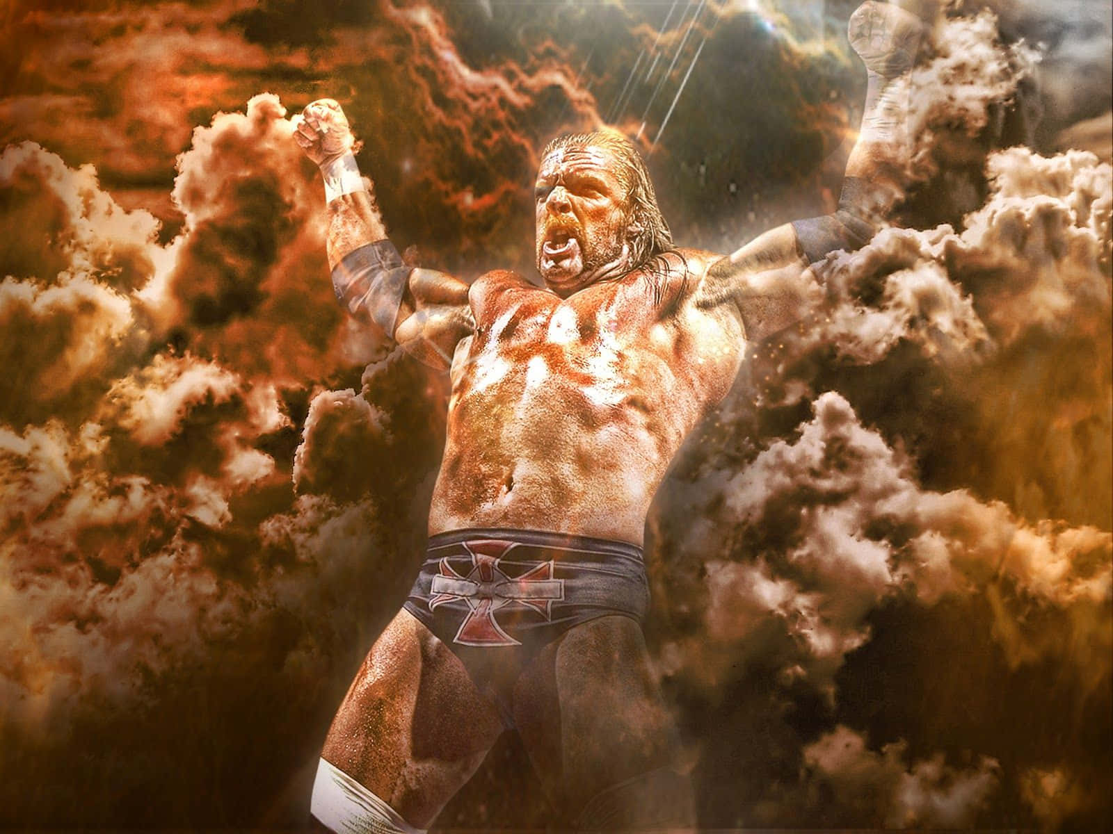 Triple H, cloudy, fiery stormy sky, HD Desktop Wallpaper