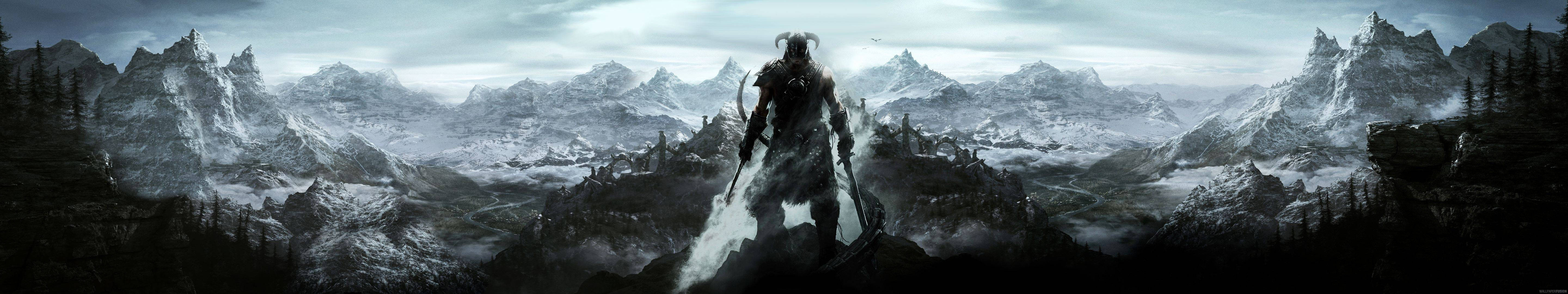 Triple Monitor, armored warrior, snowy mountain peak, 5K Desktop Wallpaper
