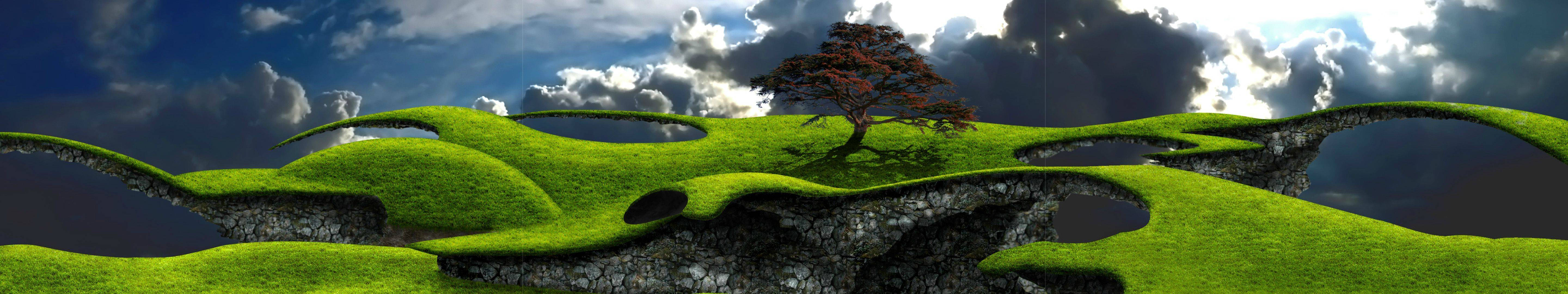 Triple Monitor, surreal green hills, stone bridges, 5K Desktop Wallpaper