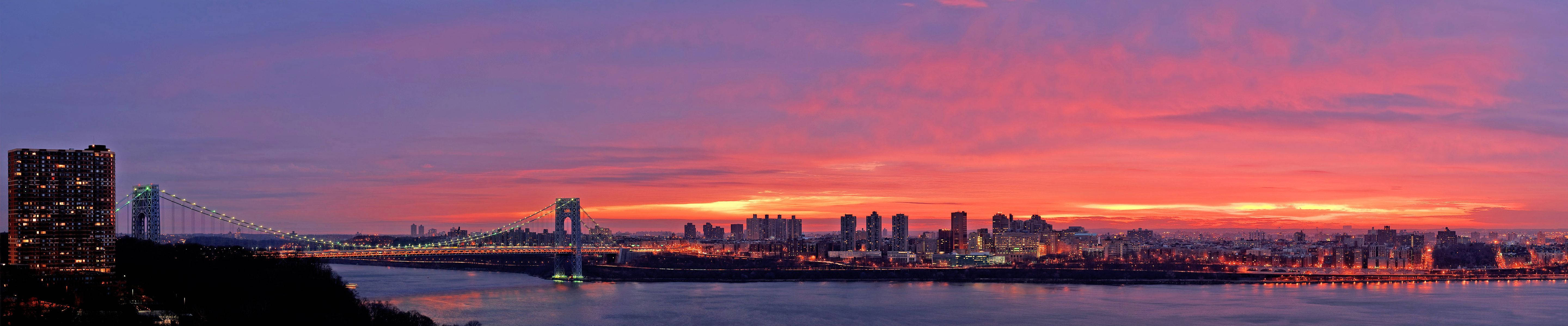 Triple Monitor, sunset, city skyline, 5K Desktop Wallpaper