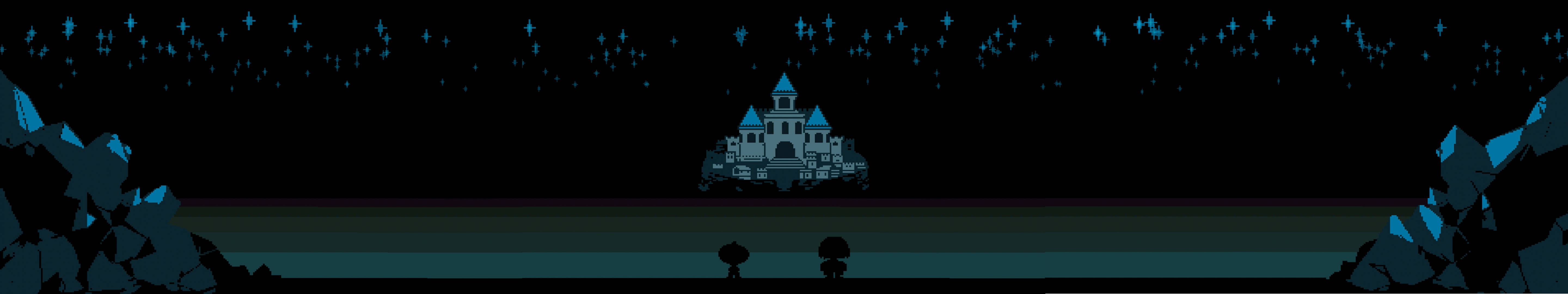 pixel-art castle, starry night sky, jagged blue mountains, 5K Desktop Wallpaper