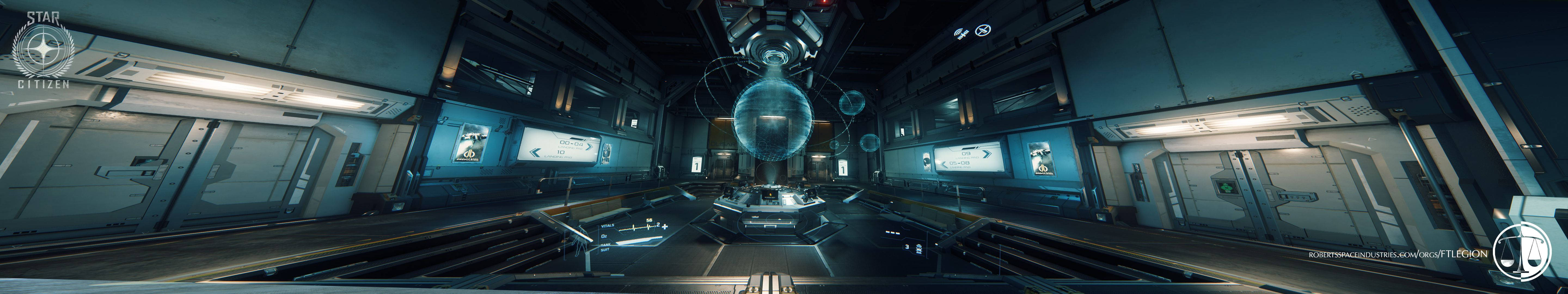 Triple Monitor, futuristic spaceship corridor, glowing blue panels, 5K Desktop Wallpaper