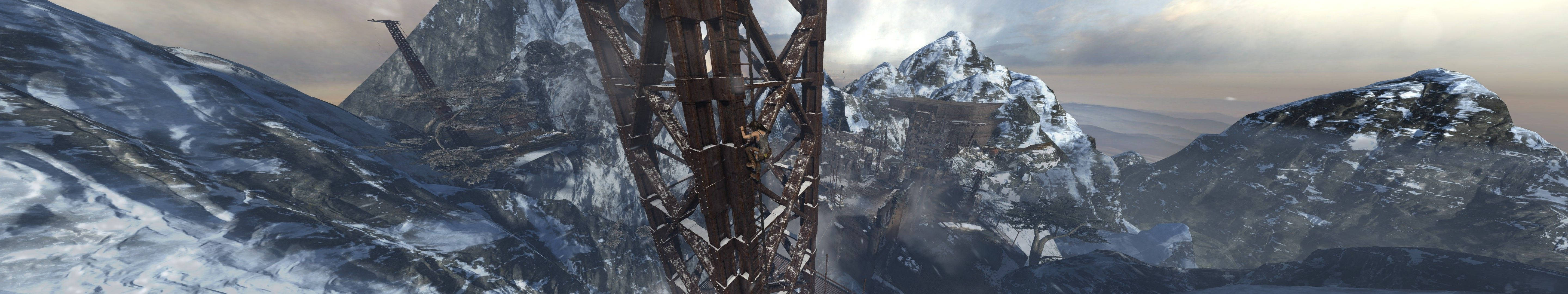 triple monitor, mountains, rusted industrial crane, 5K Desktop Wallpaper