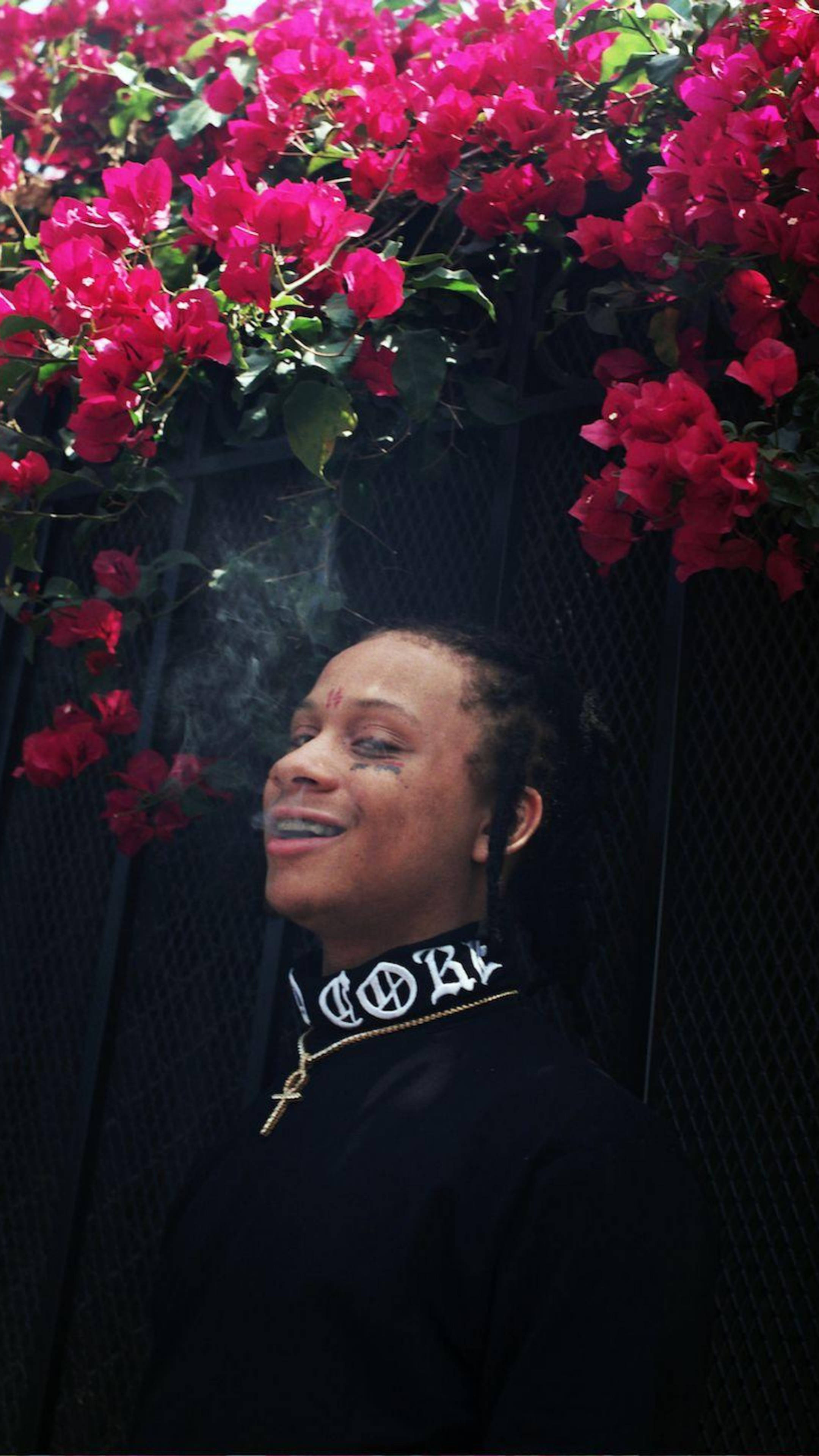 Trippie Redd, black turtleneck, vivid pink bougainvillea flowers, 4K Phone Wallpaper