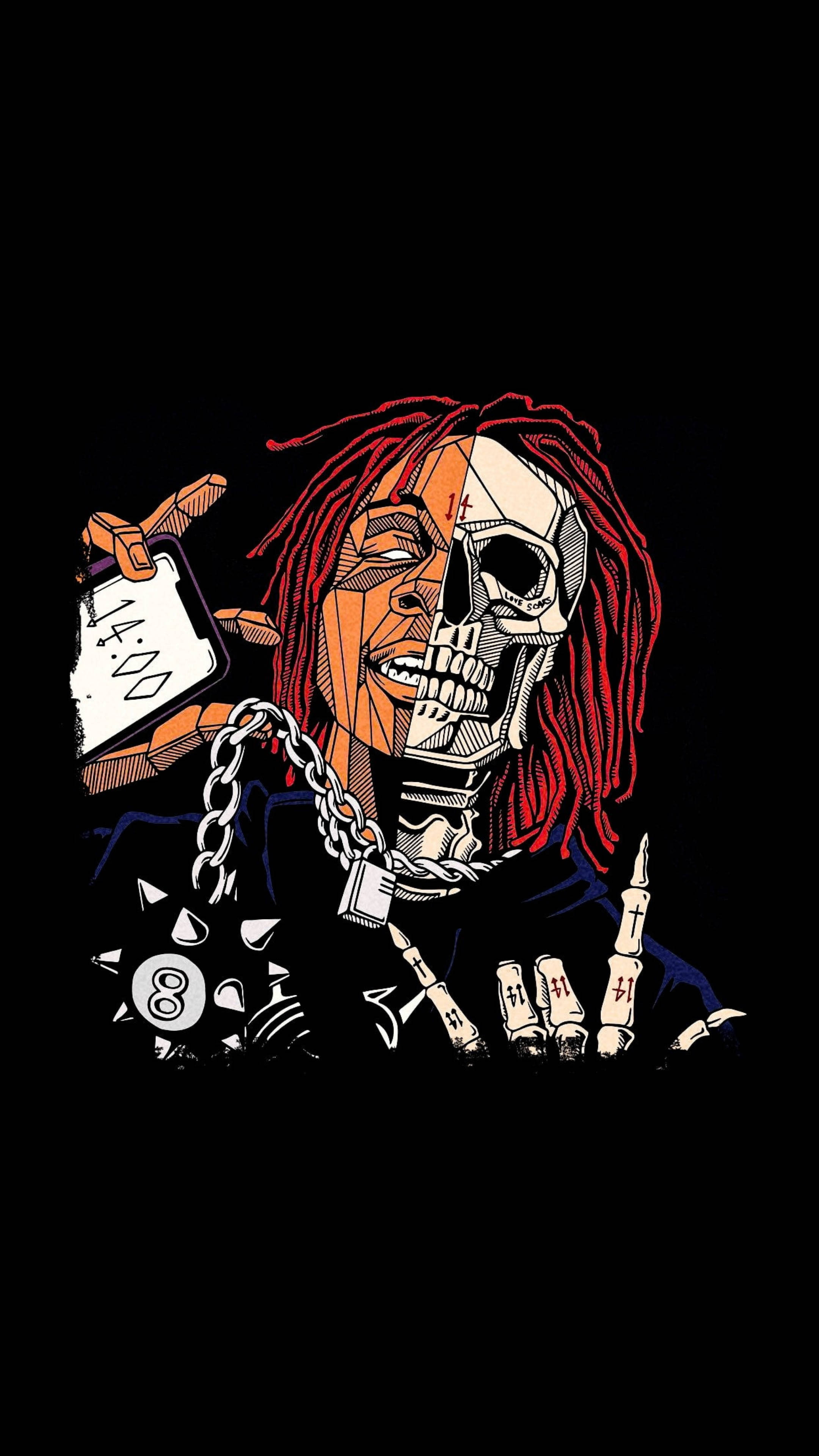 Trippie Redd, split face, half-skull half-human figure, 4K Phone Wallpaper