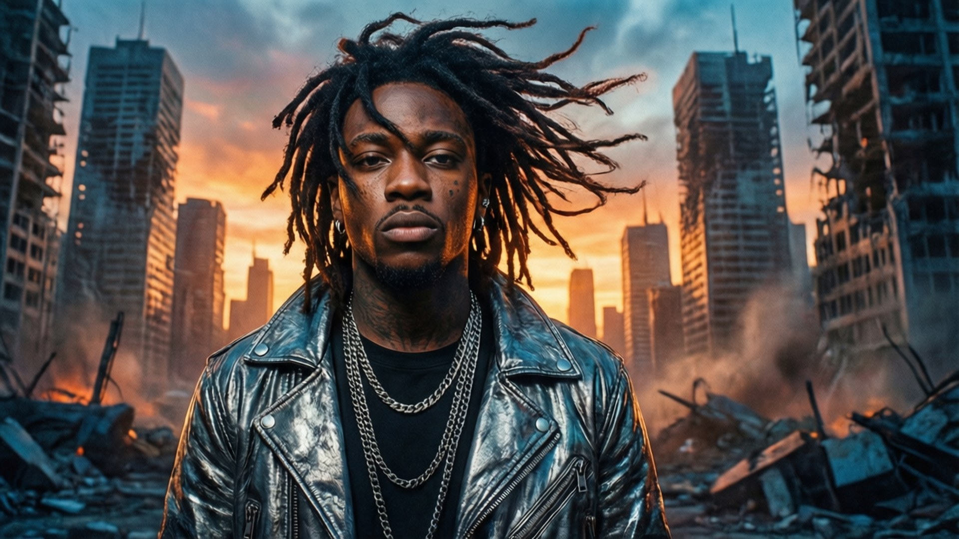 dystopian rapper, dreadlocks, shiny leather jacket, Full HD Desktop Wallpaper