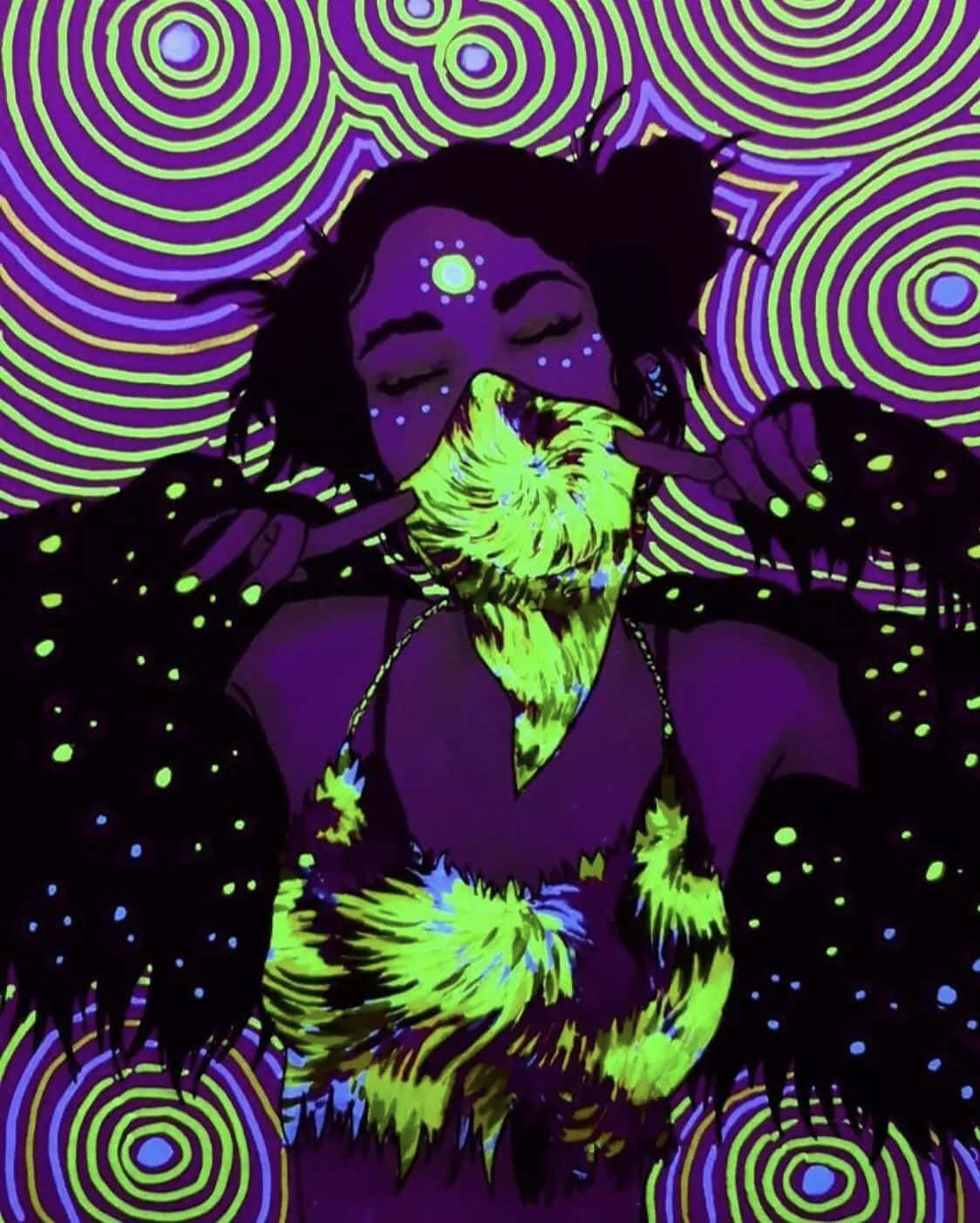neon mask, glowing green fur, psychedelic purple and green spiral background, HD Phone Wallpaper