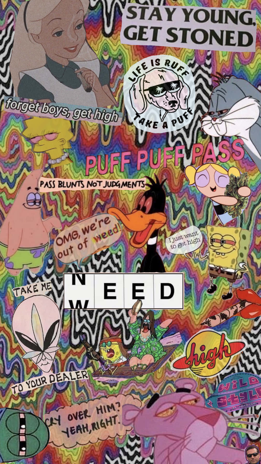 weed collage, cartoon characters, cannabis-themed slogans, Full HD Phone Wallpaper
