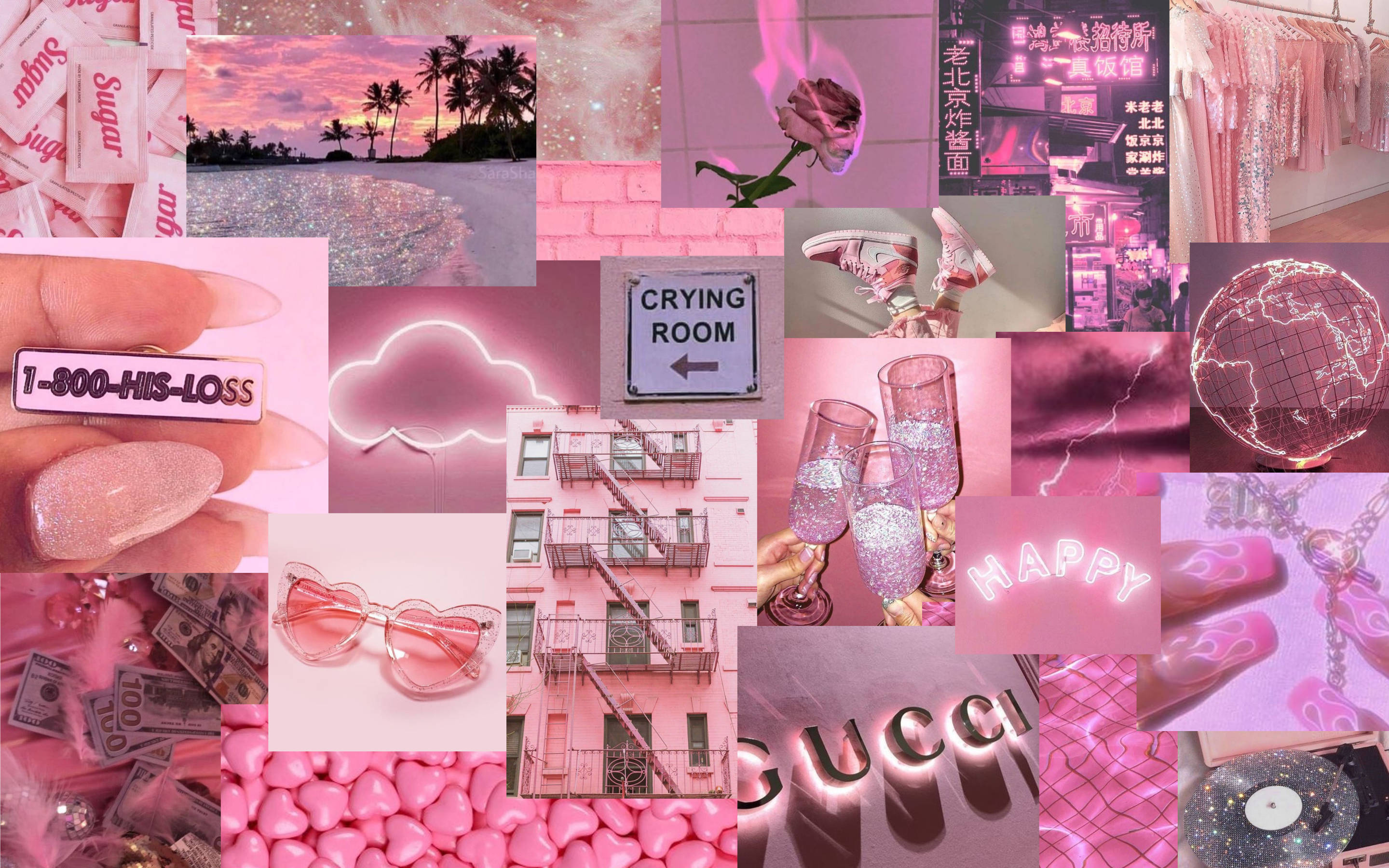 vibrant pink, glittery champagne, neon signs, 2K Desktop Wallpaper